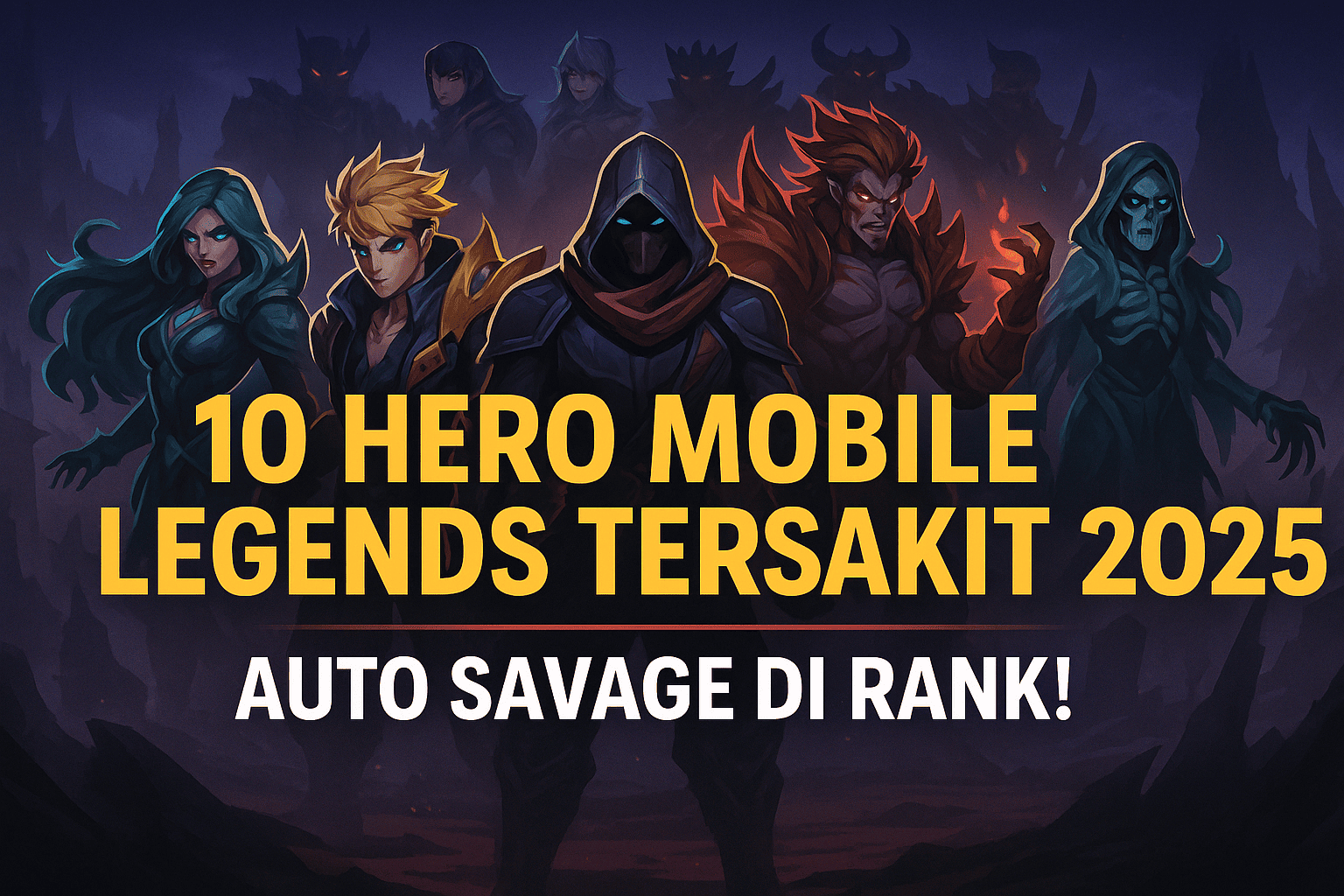 Ilustrasi poster e-sports dengan sepuluh hero Mobile Legends bergaya modern futuristik, menampilkan judul 10 Hero Mobile Legends Tersakit 2025 Auto Savage di Rank.