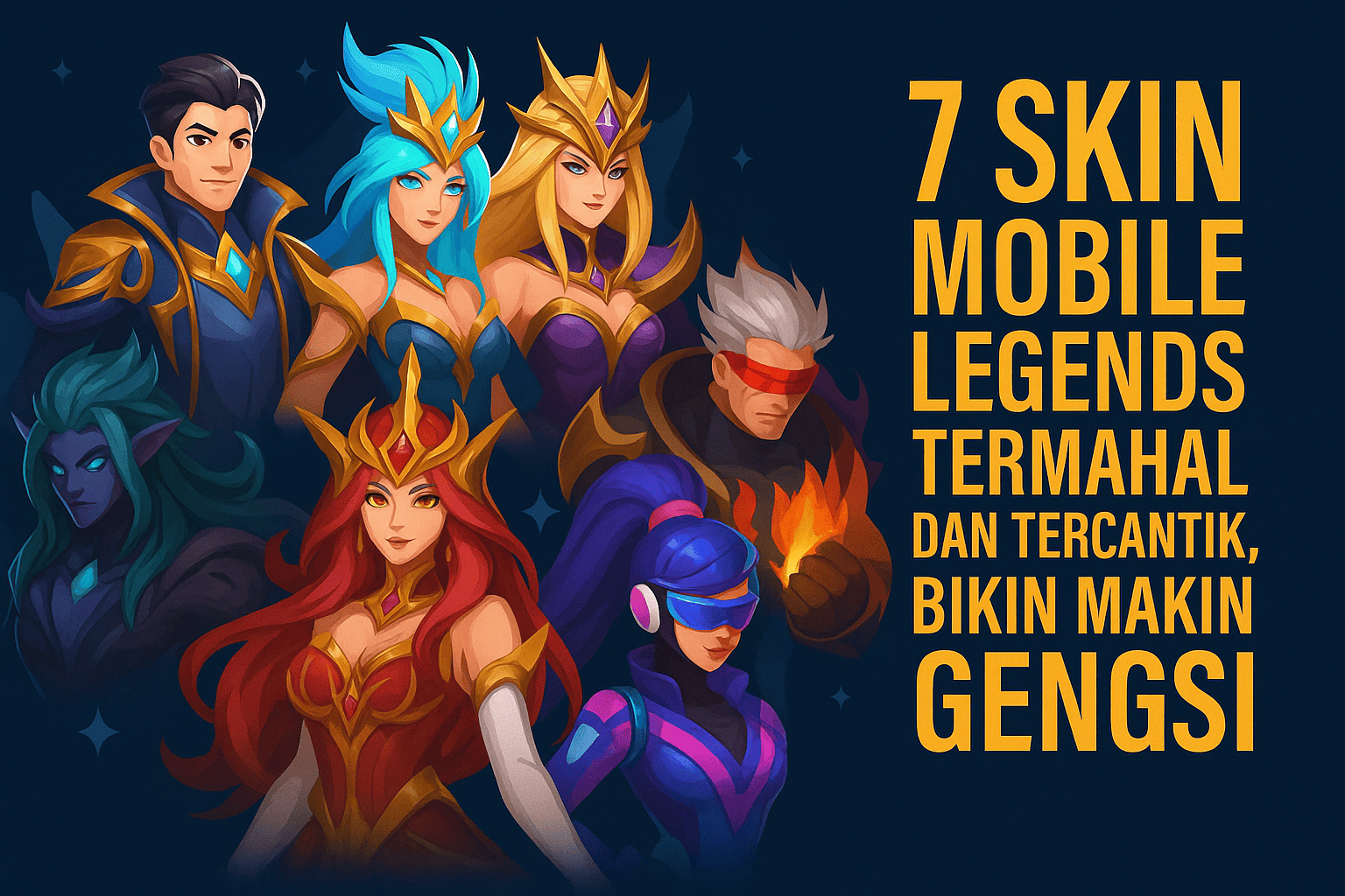 Ilustrasi digital epik menampilkan beberapa hero Mobile Legends dengan skin mewah berwarna cerah biru, emas, dan ungu, penuh efek glowing futuristik.