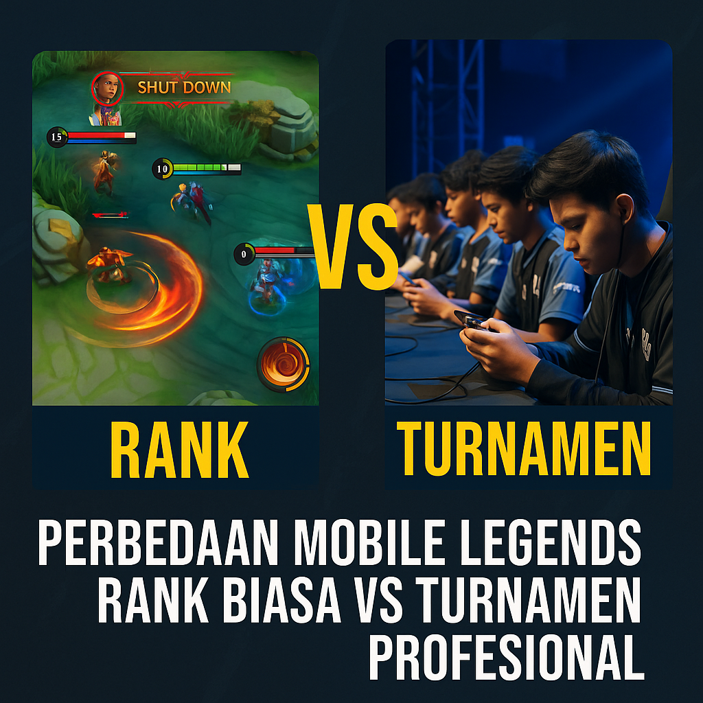 Ilustrasi digital perbandingan Mobile Legends rank biasa dengan pemain casual vs turnamen profesional dengan suasana eSports penuh sorotan.