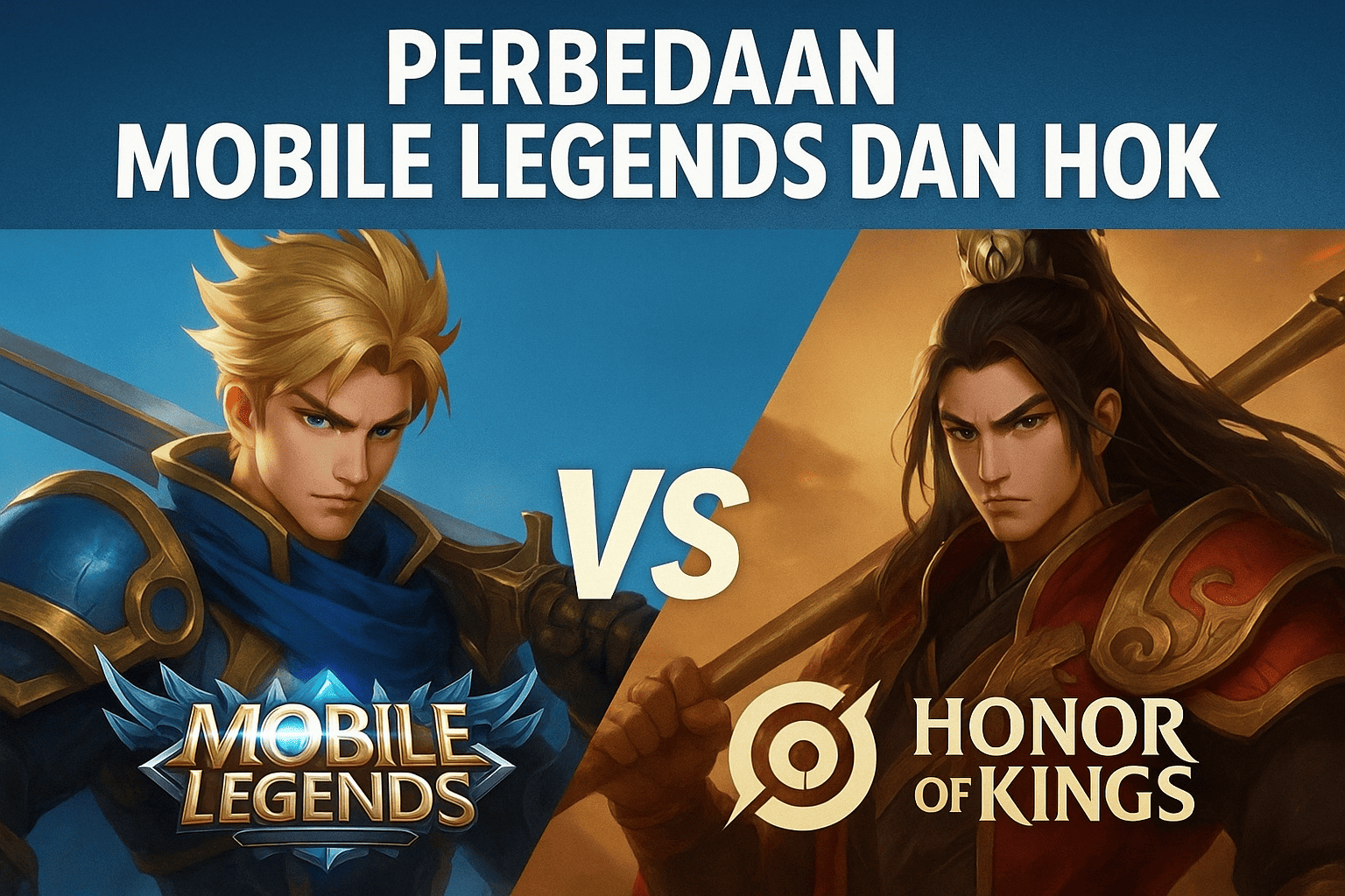 Perbandingan Mobile Legends dan Honor of Kings dengan karakter ikonik masing-masing game serta logo resmi