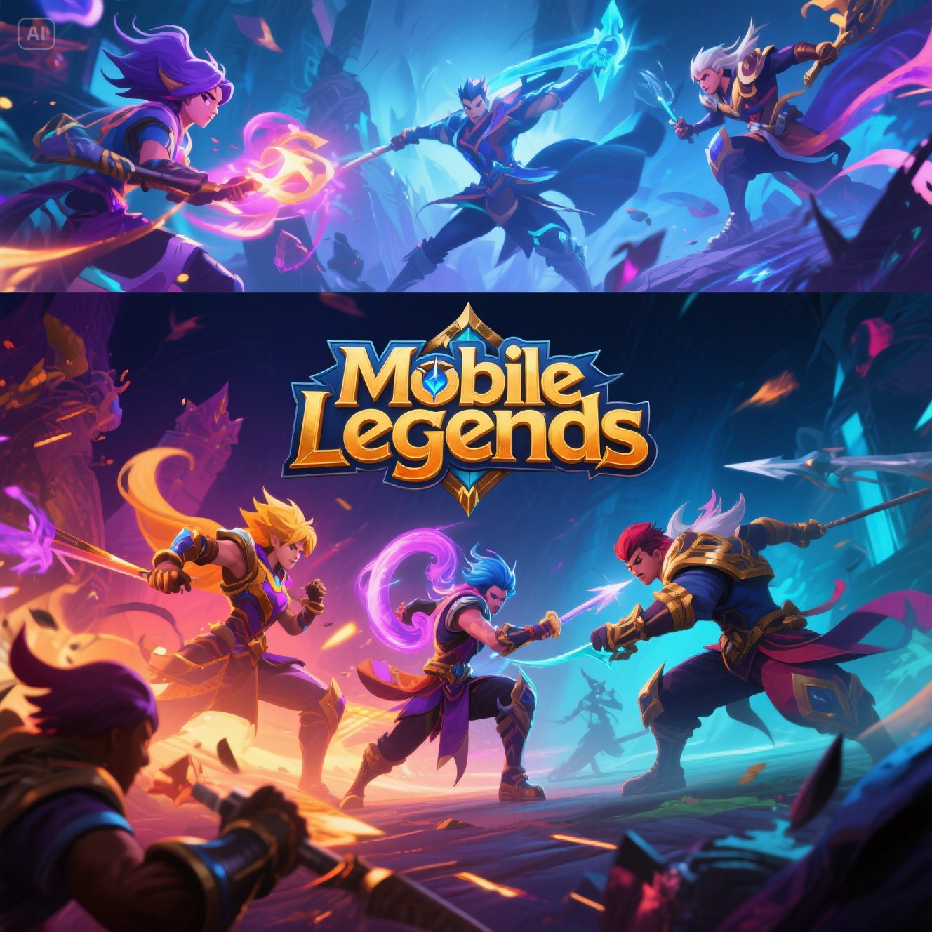 Ilustrasi epik Mobile Legends menampilkan empat hero ikonik siap bertarung dengan logo resmi di bagian atas.