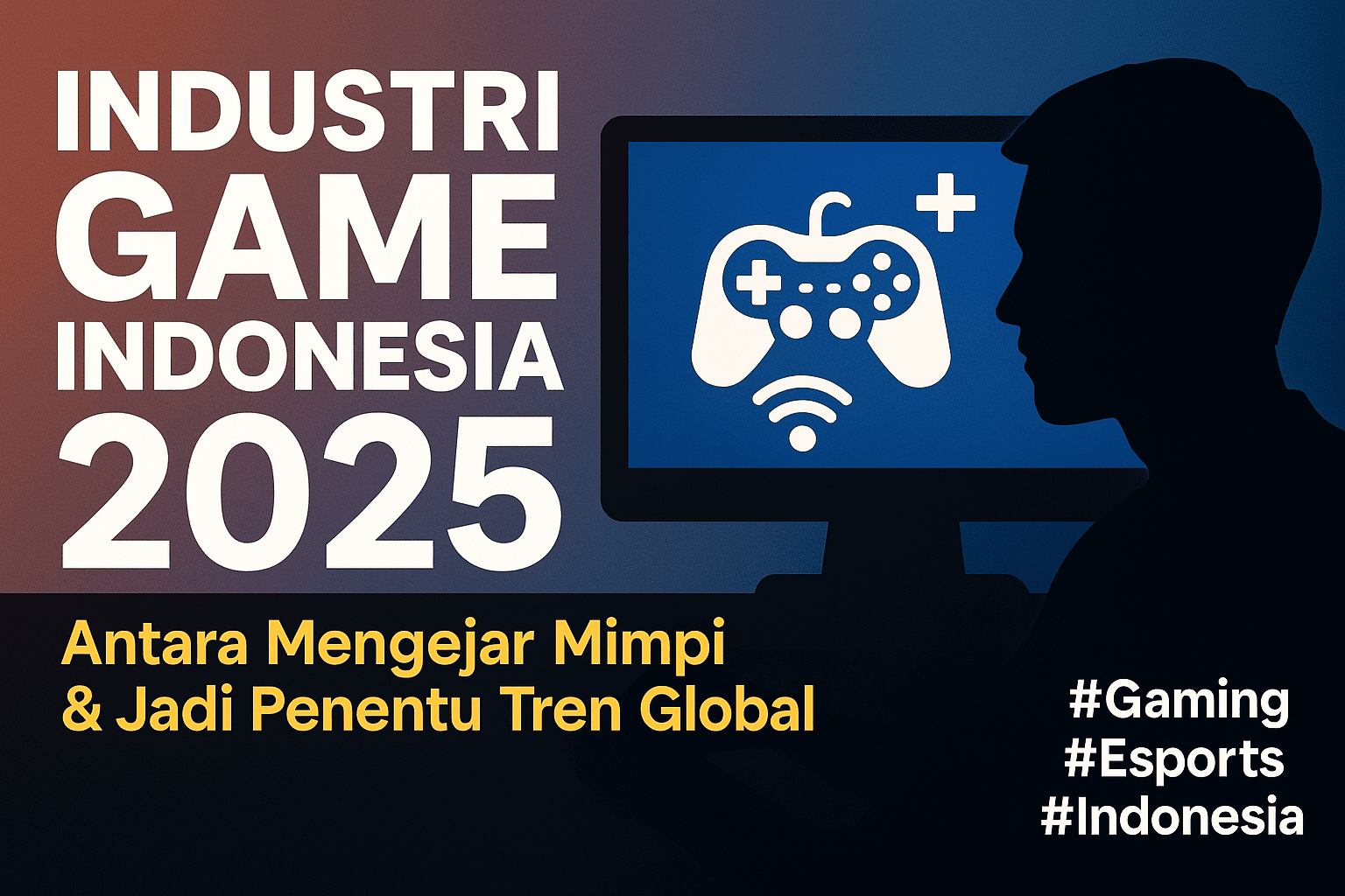Ilustrasi digital industri game Indonesia 2025 dengan gamer di depan layar komputer, ikon joystick, dan teks tebal yang menekankan potensi global eSports dan developer lokal.