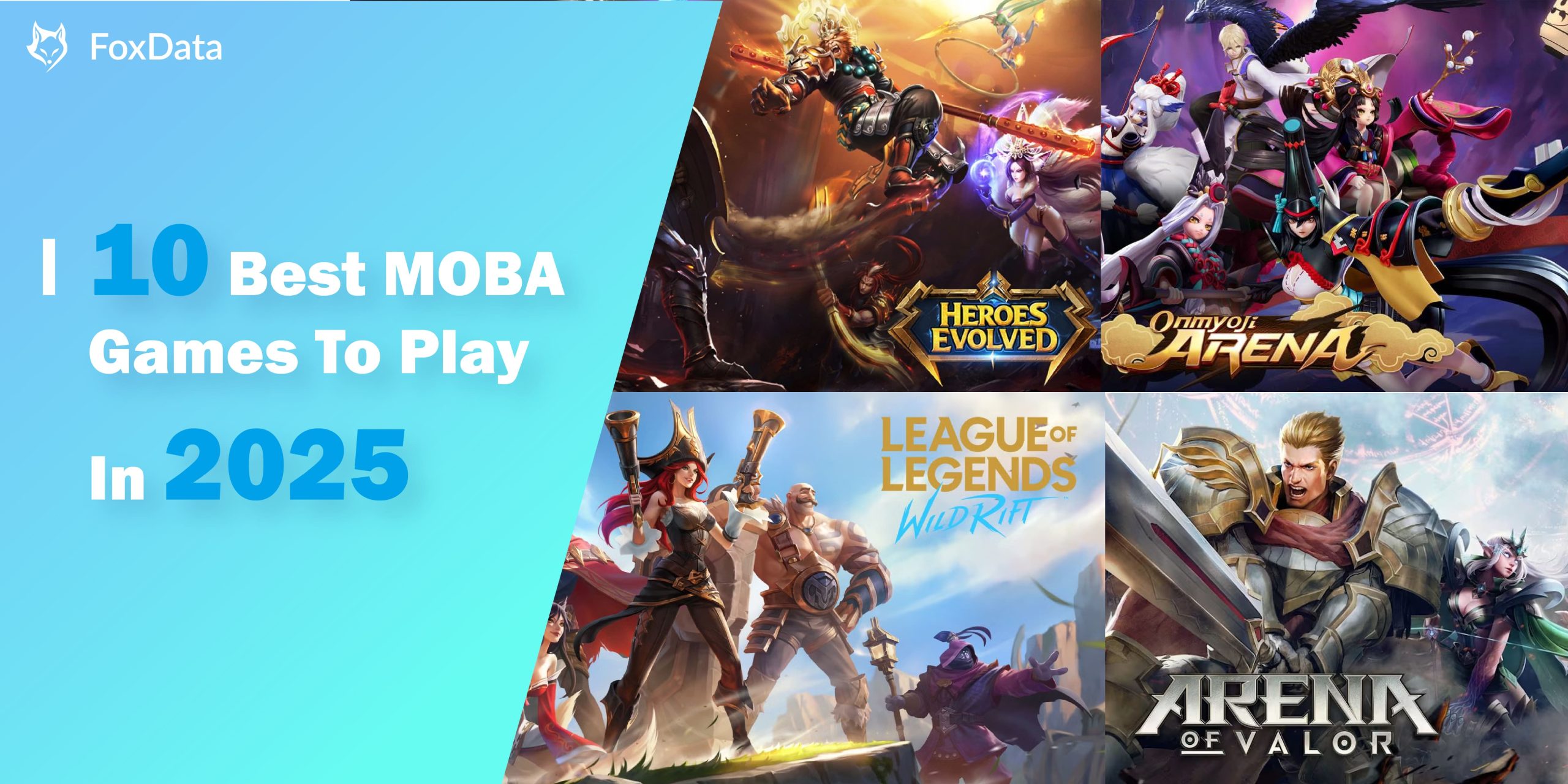 5 game MOBA terbaik 2025 menampilkan ilustrasi smartphone dengan layar game 5v5, ikon hero bergaya futuristik, logo populer seperti Mobile Legends, Wild Rift, Arena of Valor, Pokémon Unite, dan Squad Busters, di atas latar biru neon modern."