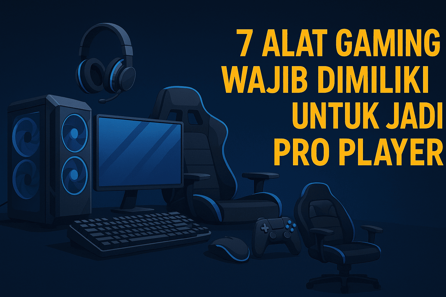 7 alat gaming wajib dimiliki untuk jadi pro player, menampilkan ilustrasi 2D PC gaming dengan lampu RGB, monitor, headset, keyboard mekanikal, mouse, controller, dan kursi gaming di atas latar biru gelap modern.