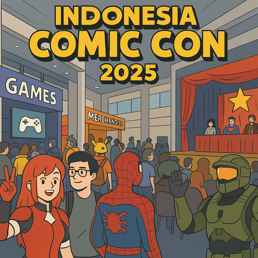 Ilustrasi digital berwarna menampilkan suasana Indonesia Comic Con 2025 dengan cosplayer, booth game, merchandise, dan panel diskusi di atas panggung.