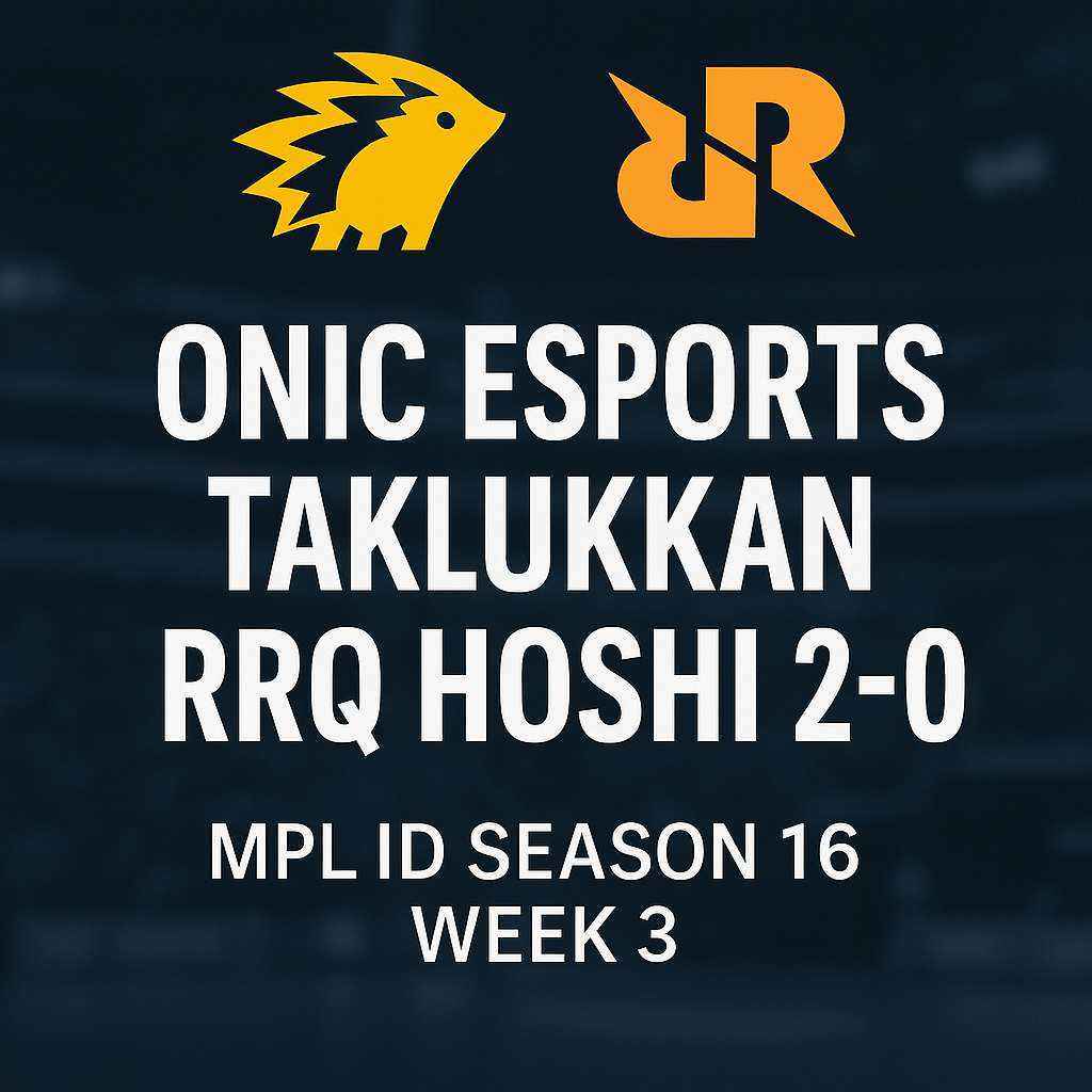 Ilustrasi digital pertandingan MPL ID Season 16 menampilkan logo ONIC Esports dan RRQ Hoshi dengan skor akhir 2-0 untuk ONIC.