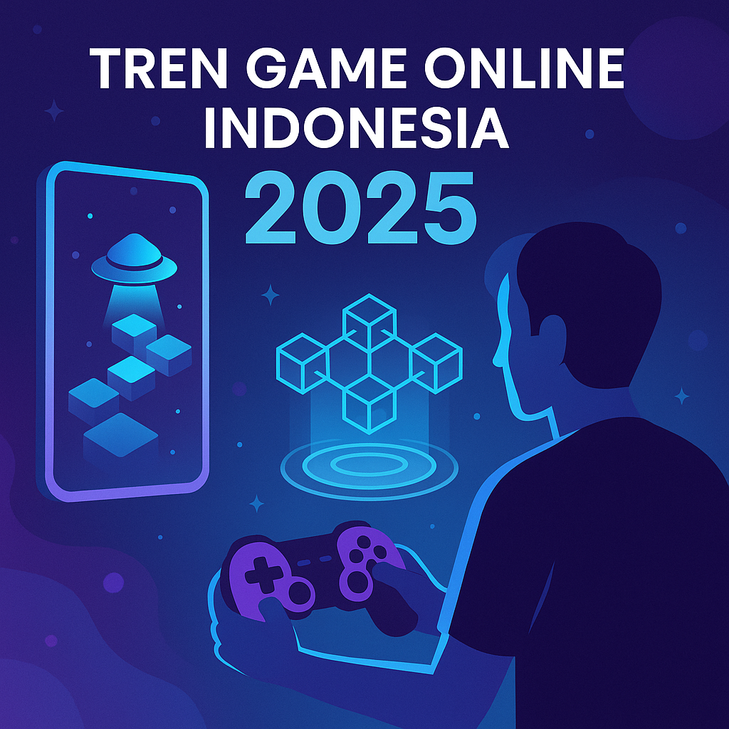Ilustrasi futuristik tren game online Indonesia 2025 menampilkan gamer dengan controller, hologram blockchain, dan layar mobile game bercahaya neon biru-ungu.