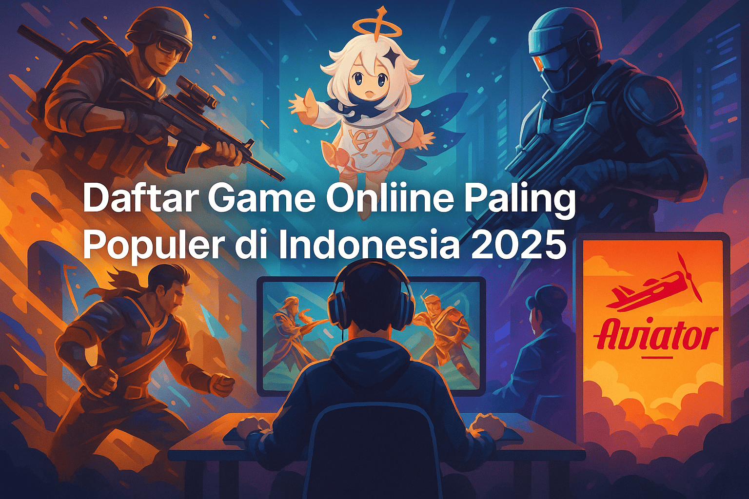 Digital illustration collage menunjukkan gamer modern dengan layar menampilkan berbagai genre game populer 2025: MOBA, battle royale, RPG, dan Aviator, dikelilingi karakter fantasi, tentara, dan ikon pesawat.