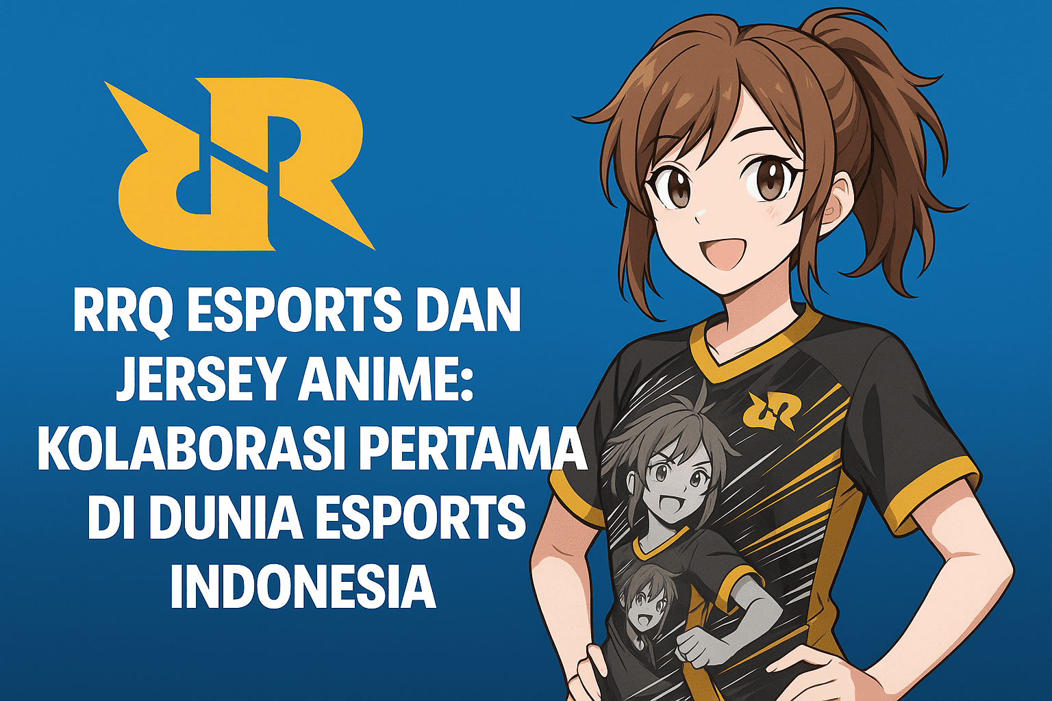 Ilustrasi jersey anime RRQ Esports dengan karakter bergaya anime, menampilkan kolaborasi unik pertama di dunia esports Indonesia.