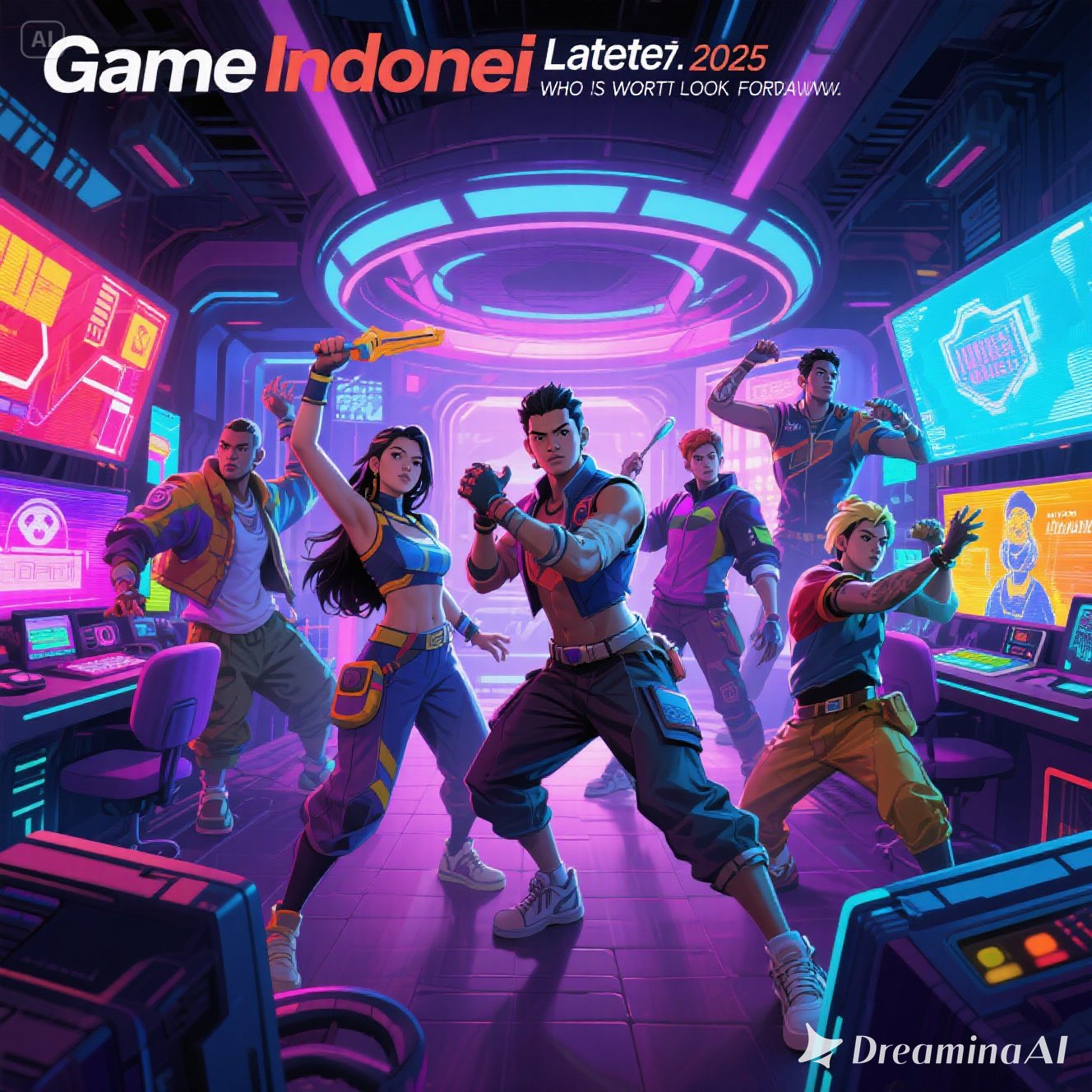 Ilustrasi digital bergaya modern semi-flat menampilkan kolase bertema game Indonesia 2025, dengan karakter heroik berpakaian tradisional, sosok perempuan berbusana Nusantara, serta gamer modern dengan headset di depan layar, berlatar alam tropis dan candi.a