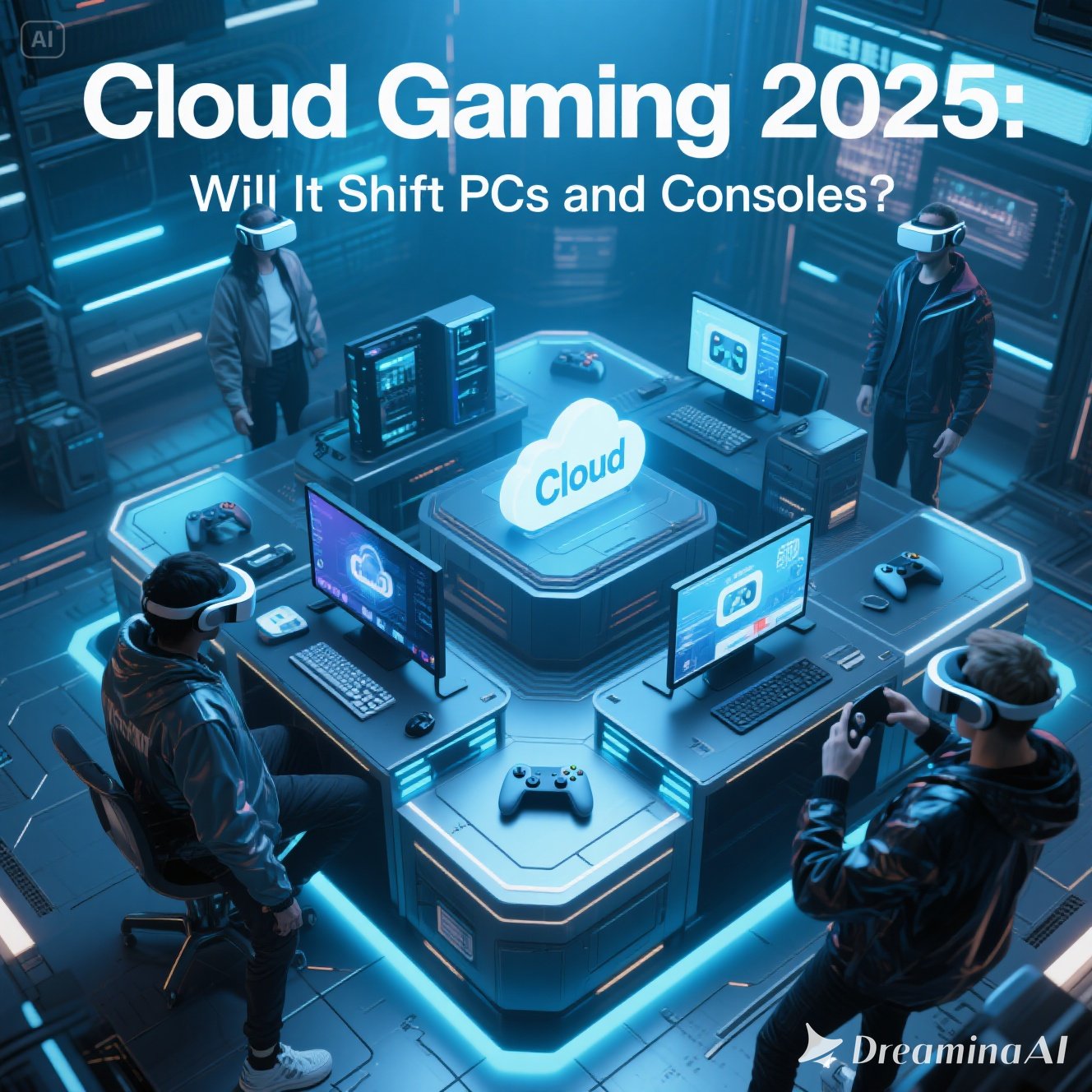 Illustration of gamers playing on smartphone, laptop, and smart TV with cloud and controller icons, representing the future of cloud gaming in 2025.