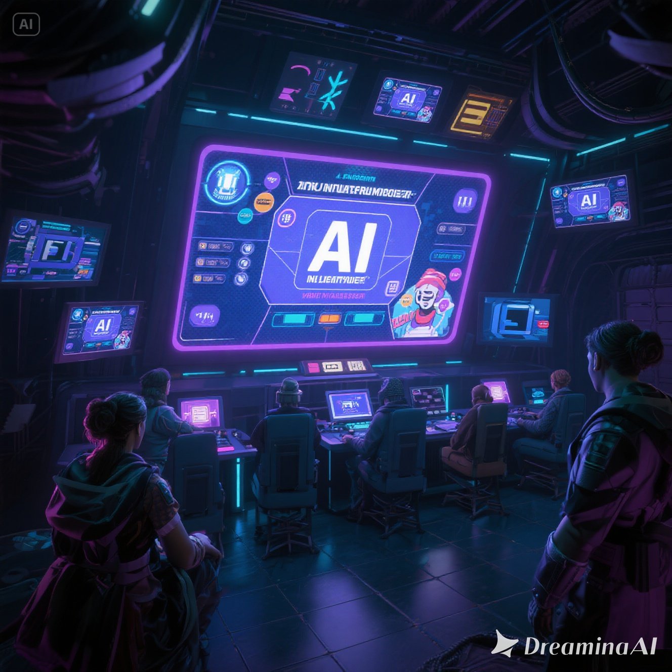 Ilustrasi digital menampilkan gamer sedang bermain dengan NPC cerdas, hologram AI, dan elemen dunia game futuristik yang merepresentasikan peran AI di dunia gaming.
