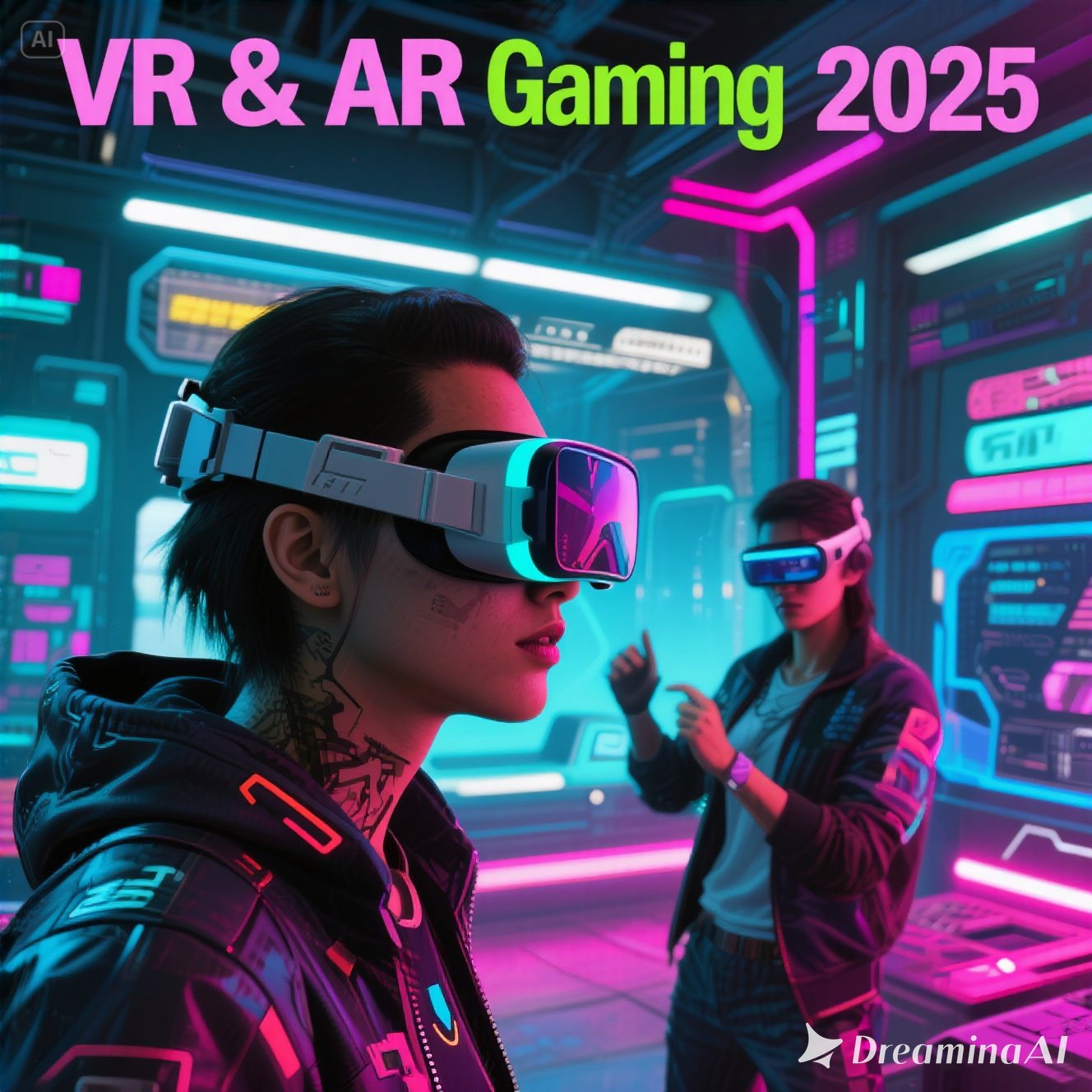 "Ilustrasi gamer memakai headset VR dan AR dengan latar dunia virtual futuristik, menampilkan interaksi imersif.