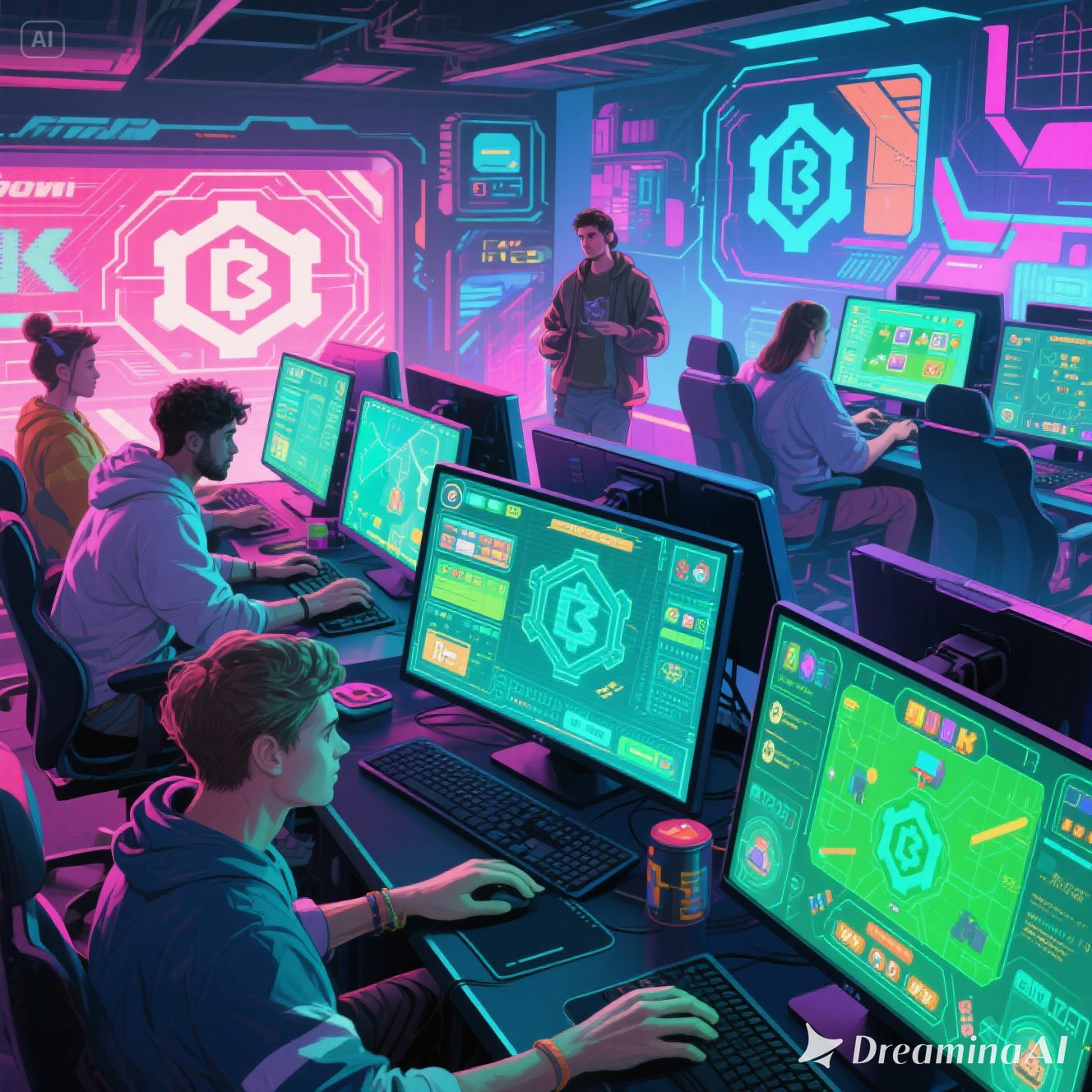 Ilustrasi game blockchain 2025 dengan karakter digital, aset NFT, dan token kripto yang bisa menghasilkan cuan.