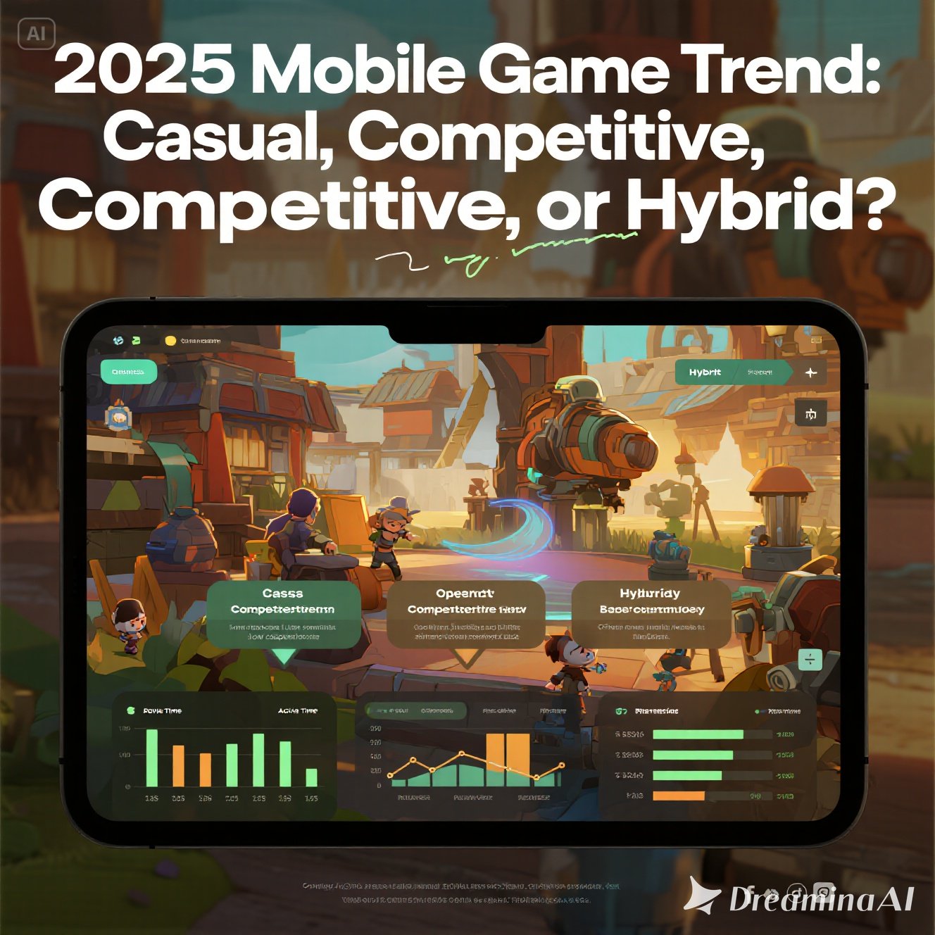 Ilustrasi tren game mobile 2025 dengan tiga kategori: casual, kompetitif e-sports, dan hybrid modern.