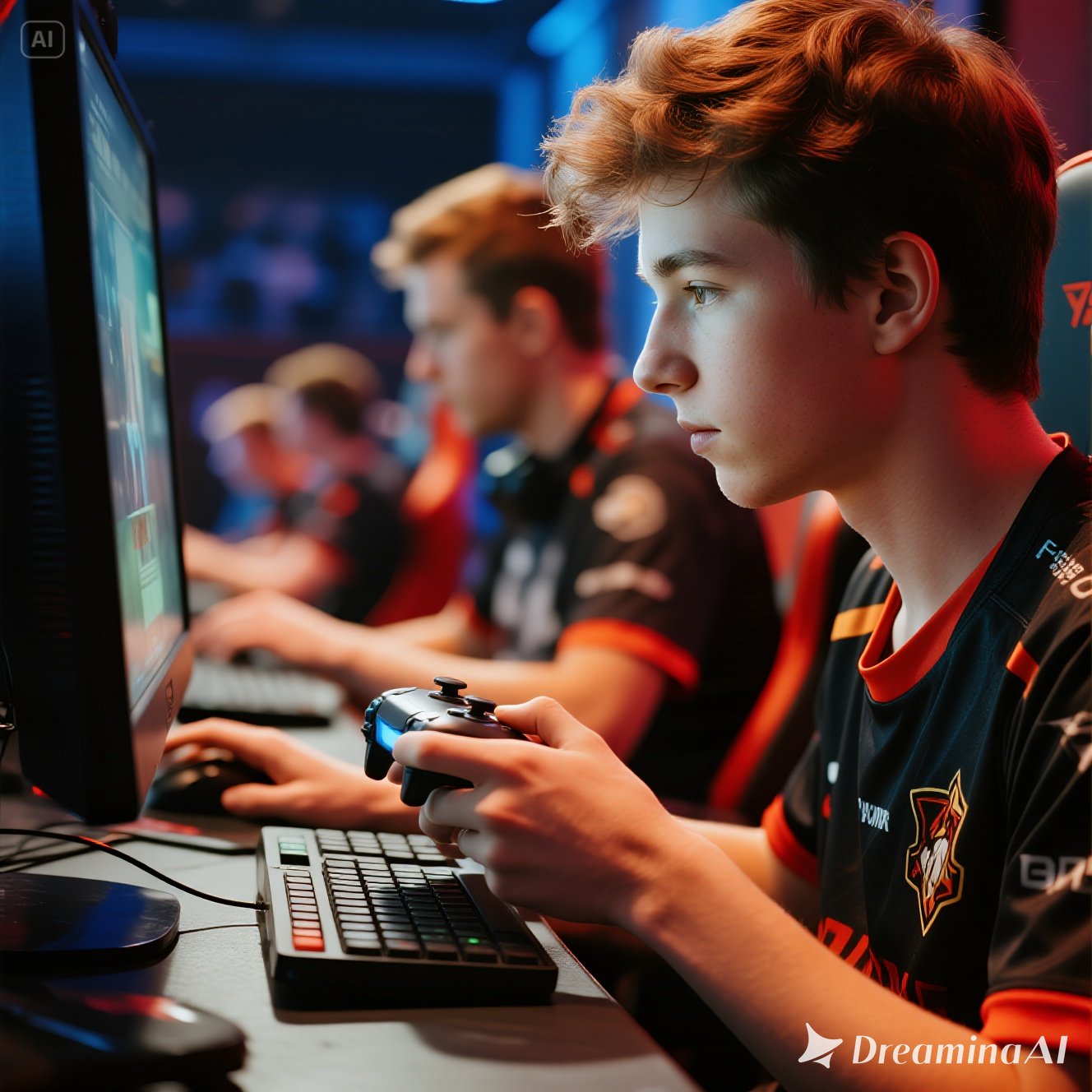 Ilustrasi esports dan Olimpiade: gamer kompetitif bermain di arena besar dengan logo Olimpiade latar belakang.