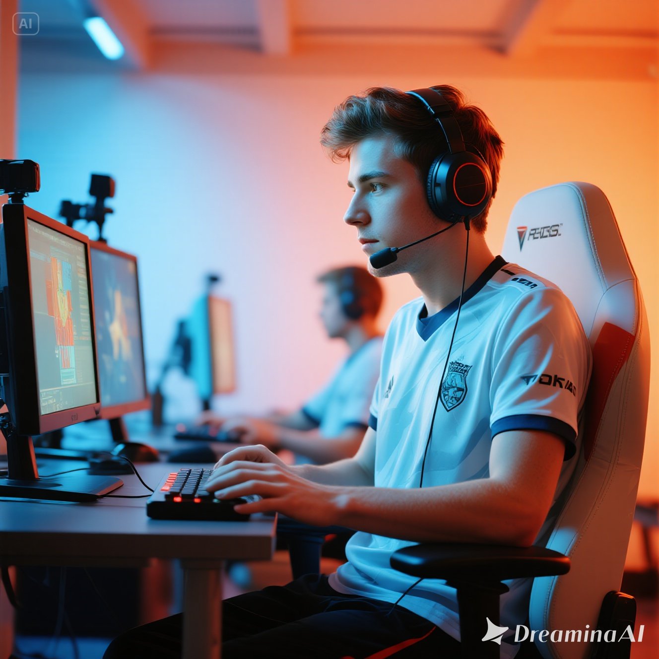 Ilustrasi tim esports profesional menggunakan AI tools untuk strategi pertandingan.