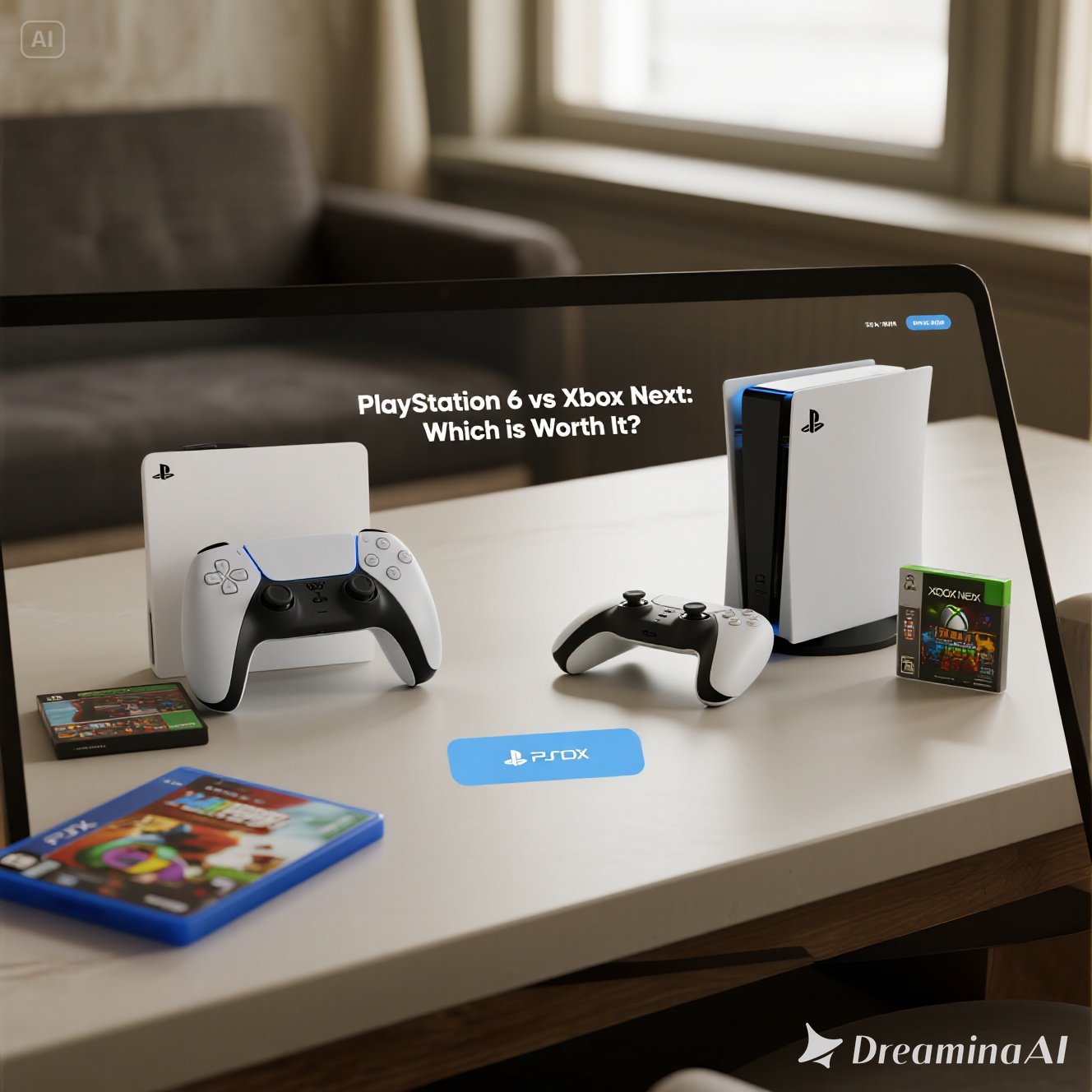 Kolase PlayStation 6 dan Xbox Next dengan desain futuristik.