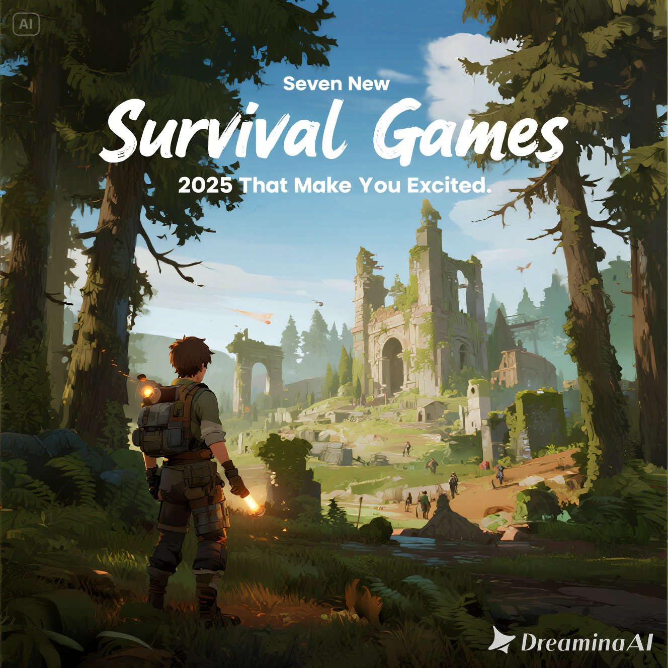 Kolase ilustrasi game survival terbaru 2025 dengan latar dunia beku, planet asing, dan hutan liar.