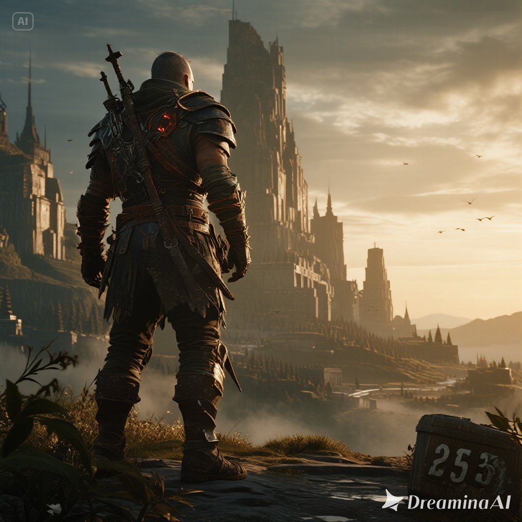 Kolase RPG open-world 2025 dengan dunia fantasi, kota futuristik, dan karakter pahlawan epik.