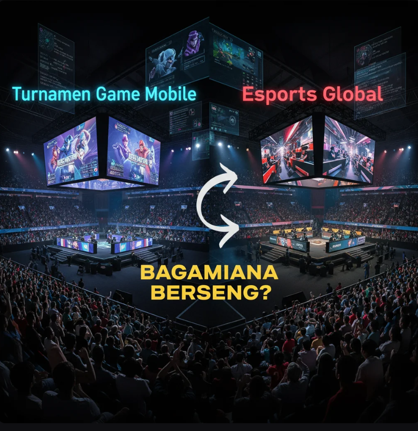 Panggung turnamen game mobile internasional dengan penonton penuh dan layar besar menampilkan pertandingan final.