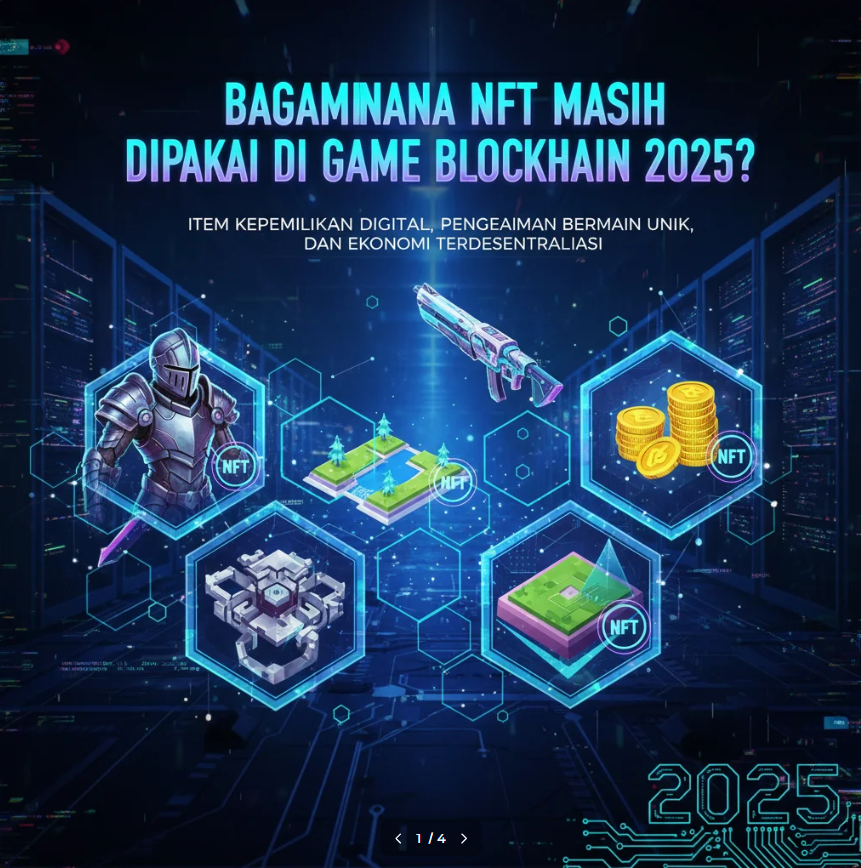 Ilustrasi karakter game blockchain dengan item NFT bercahaya dan latar dunia digital futuristik.
