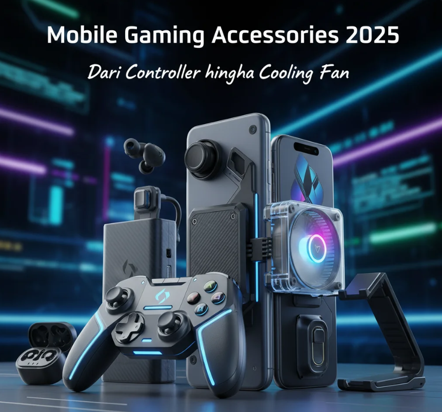 Gamer menggunakan controller dan cooling fan pada smartphone saat bermain di ruang gaming futuristik.