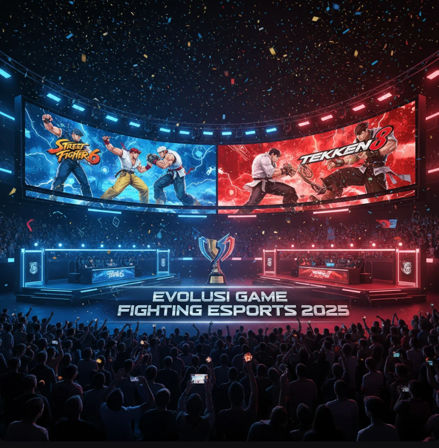 Dua karakter ikonik, Ryu dari Street Fighter dan Jin Kazama dari Tekken, bertarung di panggung esports futuristik.