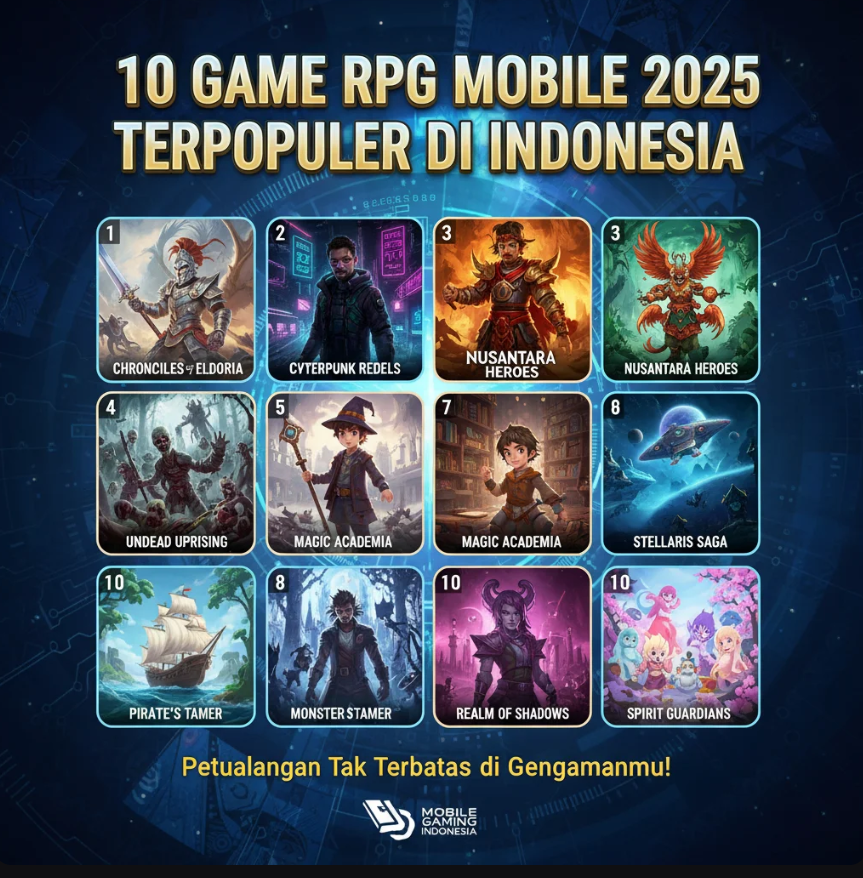 Ilustrasi karakter game RPG mobile 2025 dengan latar dunia fantasi dan efek cahaya futuristik.