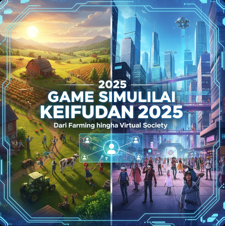 Ilustrasi dunia virtual dengan karakter bermain, bertani, dan berinteraksi dalam masyarakat digital futuristik.