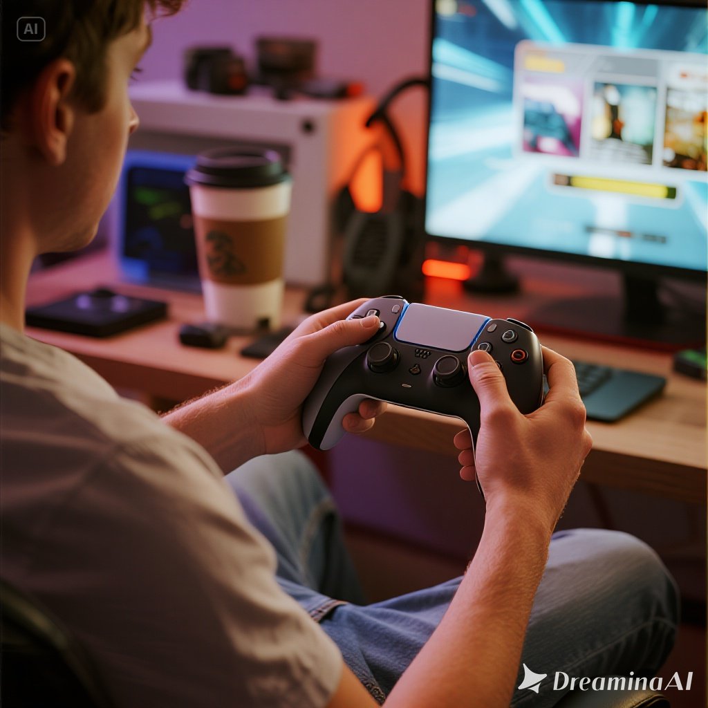 Ilustrasi gamer sedang live streaming dengan setup PC, webcam, dan chat interaktif.