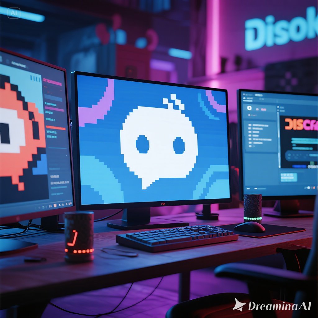 Ilustrasi komunitas gamer berkumpul di Discord dengan ikon gaming dan komunikasi digital.