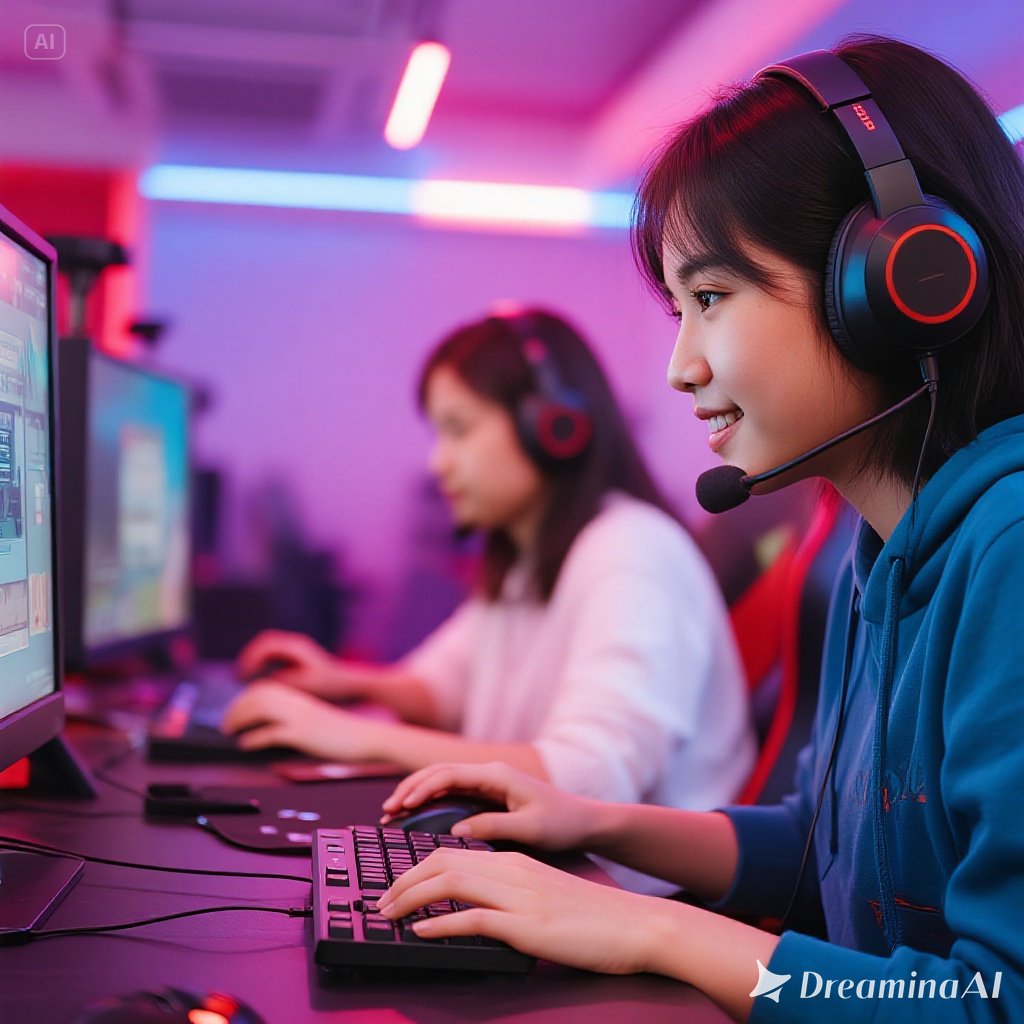 Ilustrasi gamer perempuan Indonesia 2025 yang berprestasi di dunia e-sports.
