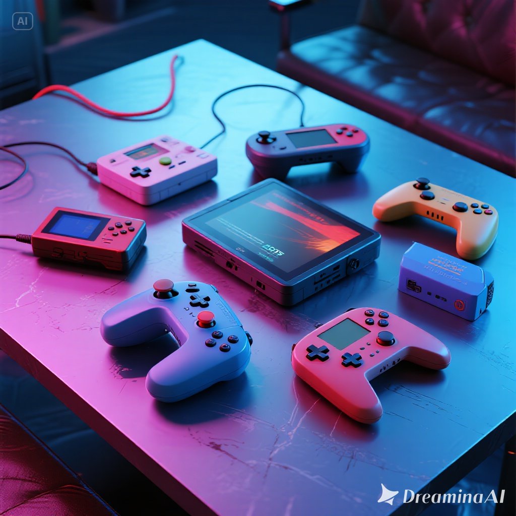Kolase ilustrasi gadget gaming unik seperti VR shoes, pillow speaker, mouse pendingin jari, dan keyboard holografik.
