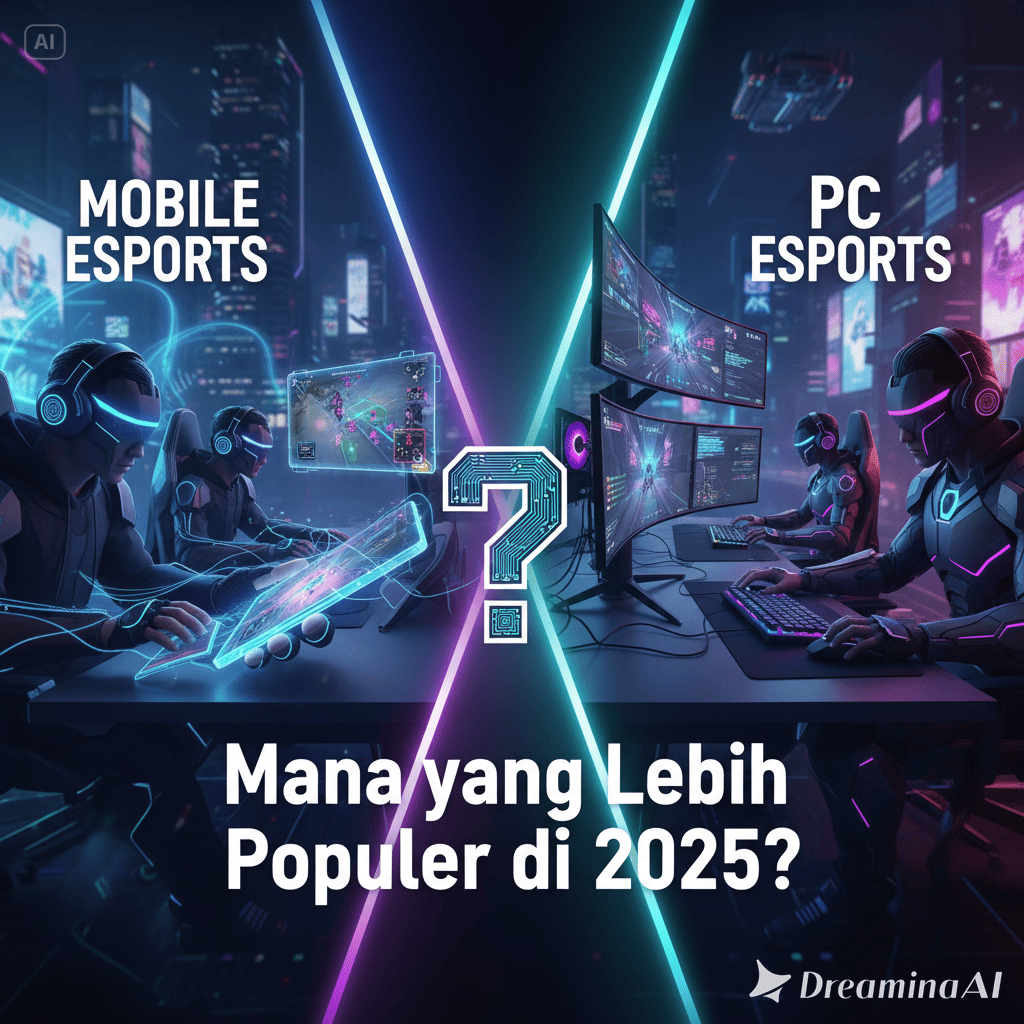 Ilustrasi perbandingan esports mobile dan PC dengan gamer di smartphone dan gamer di PC dalam suasana turnamen.