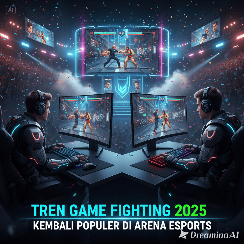 Ilustrasi turnamen game fighting esports 2025 dengan dua karakter bertarung di arena digital.