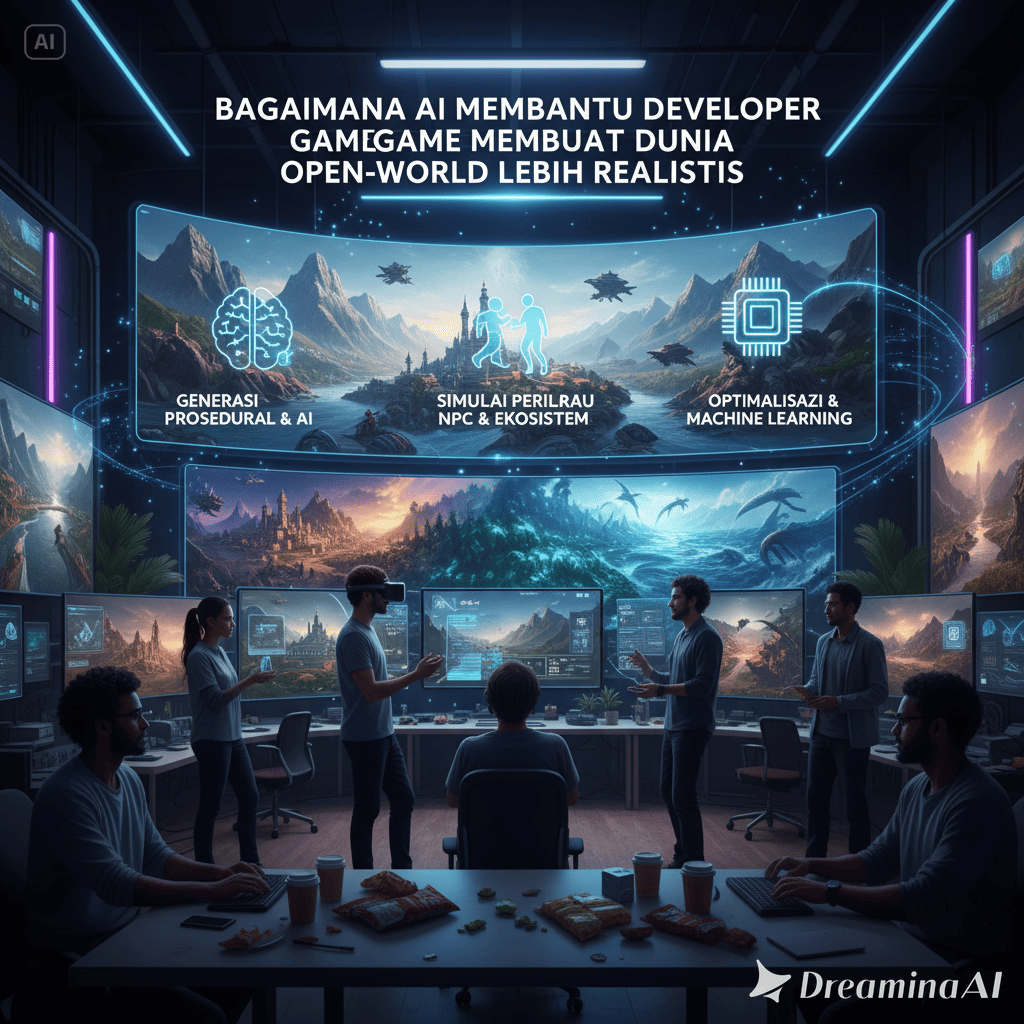 AI membantu developer game menciptakan dunia open-world lebih realistis dengan NPC cerdas, dunia dinamis, generasi prosedural, dan fisika interaktif.