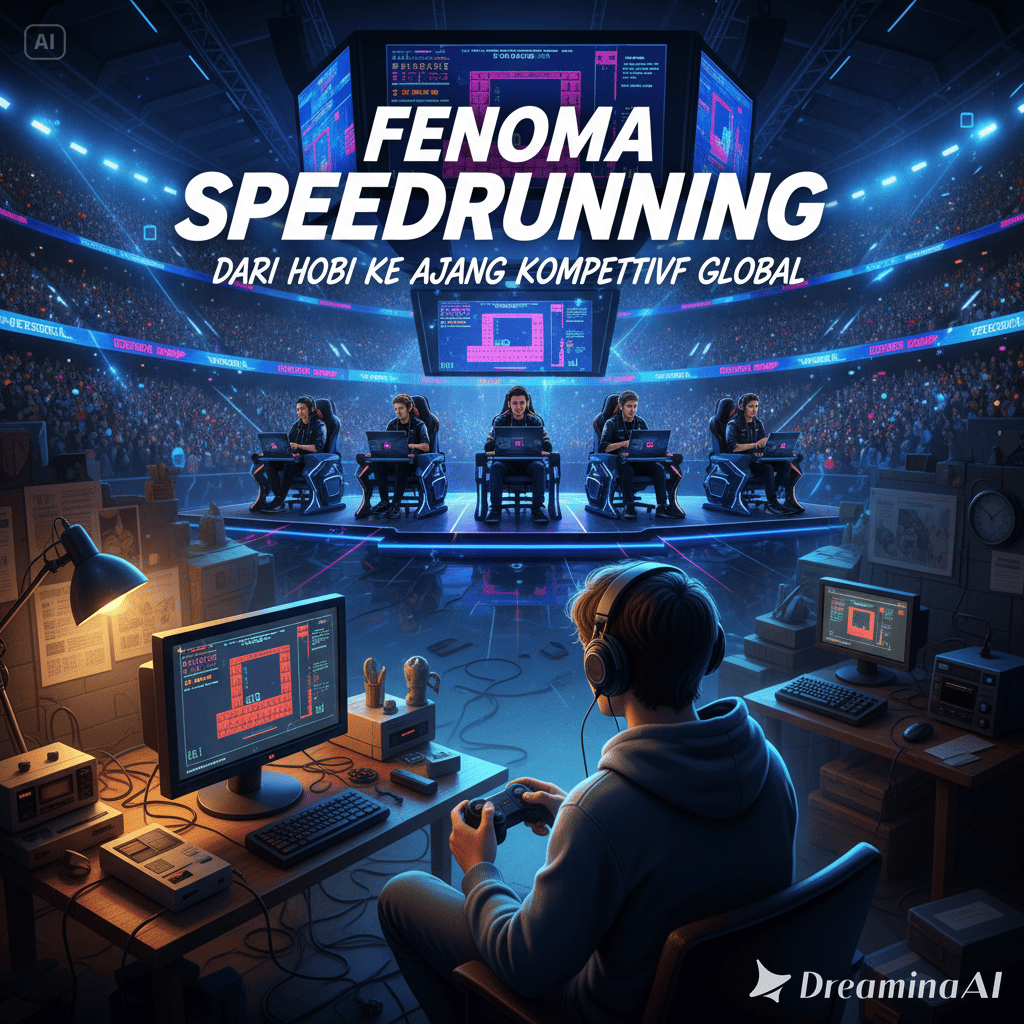 Ilustrasi gamer melakukan speedrun dengan stopwatch dan game controller di depan layar.” Title (Featured Image): “Fenomena Speedrunning: Dari Hobi ke Ajang Kompetitif Global