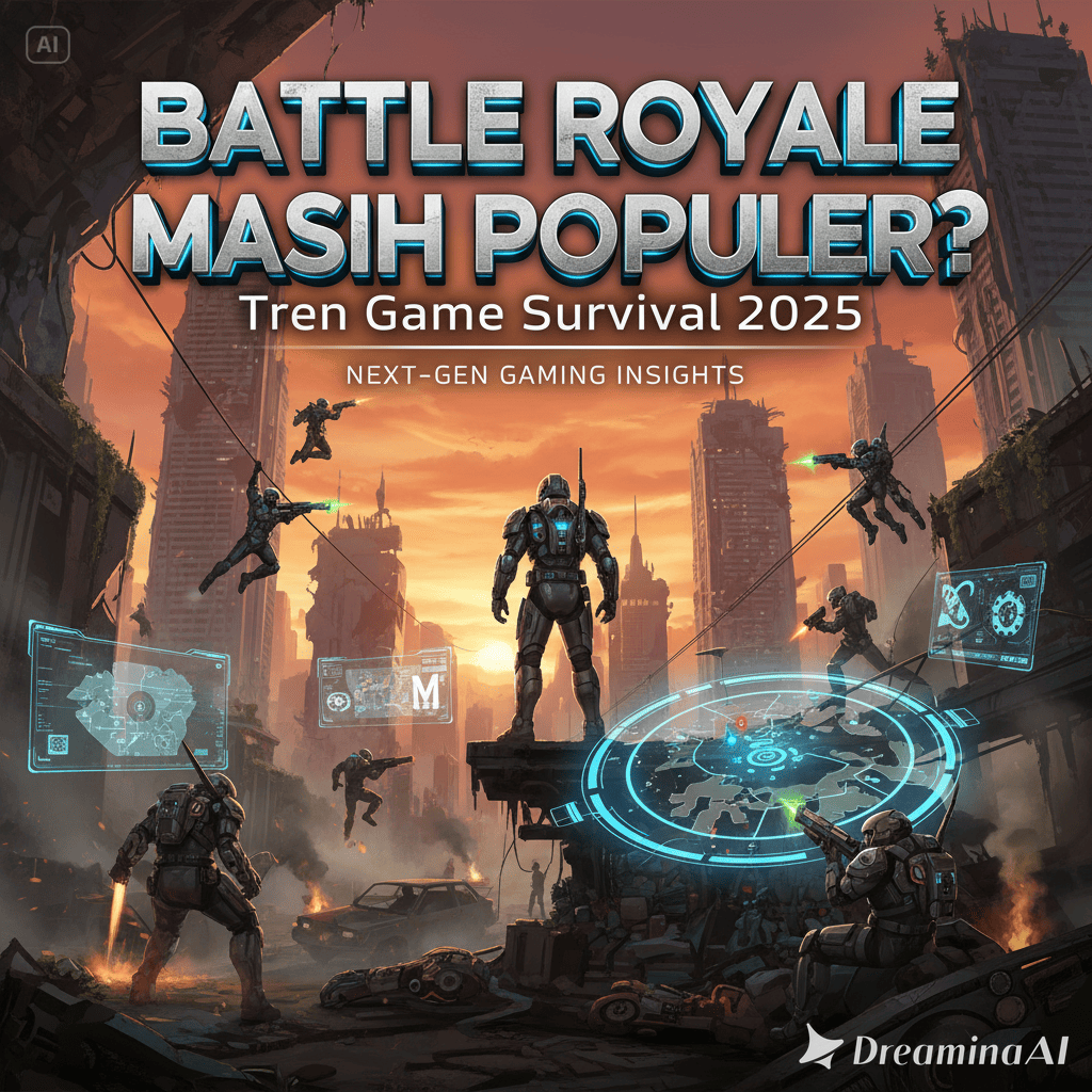 Ilustrasi arena battle royale futuristik dengan pemain bertarung di dunia digital 2025.