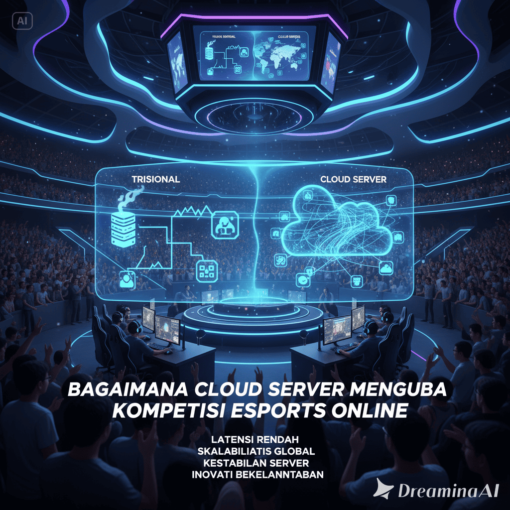 Ilustrasi esports online dengan cloud server, pemain global, dan jaringan digital.