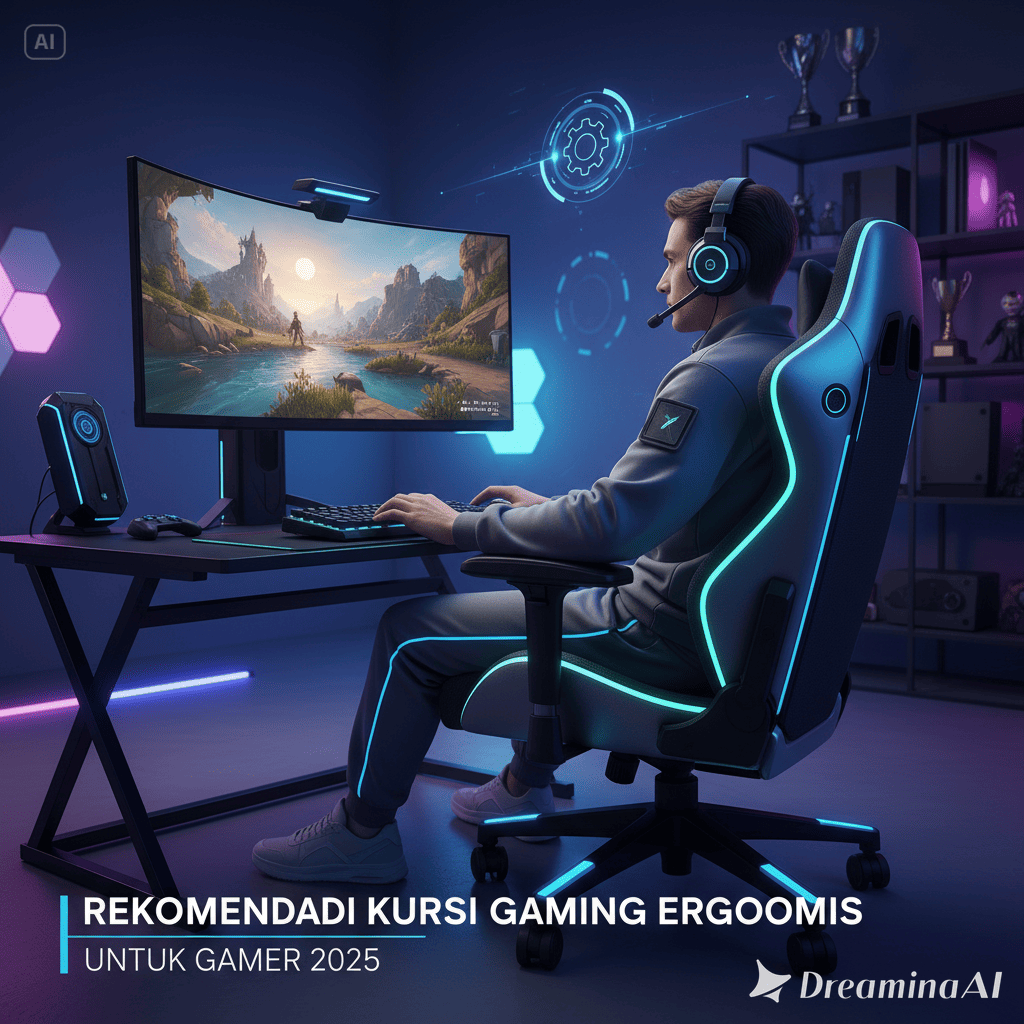 Ilustrasi kursi gaming ergonomis modern dengan desain futuristik.