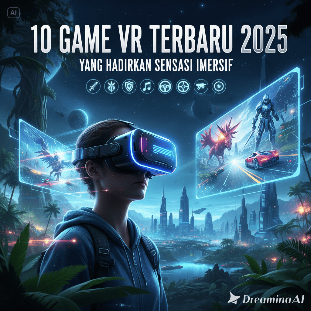 Ilustrasi gamer memakai headset VR menikmati dunia virtual futuristik dengan efek neon.