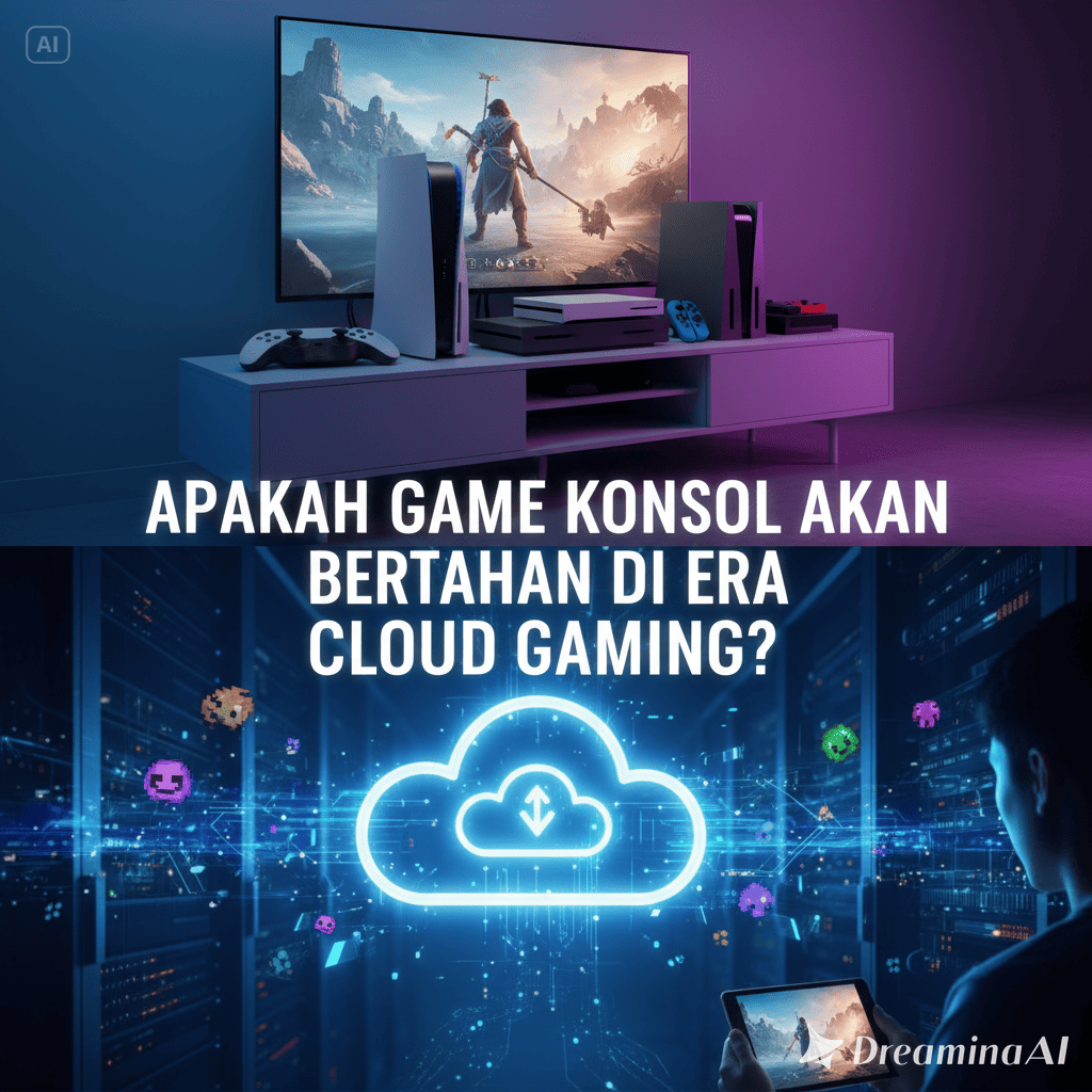 Ilustrasi konsol game klasik berdampingan dengan cloud digital yang melambangkan masa depan gaming.