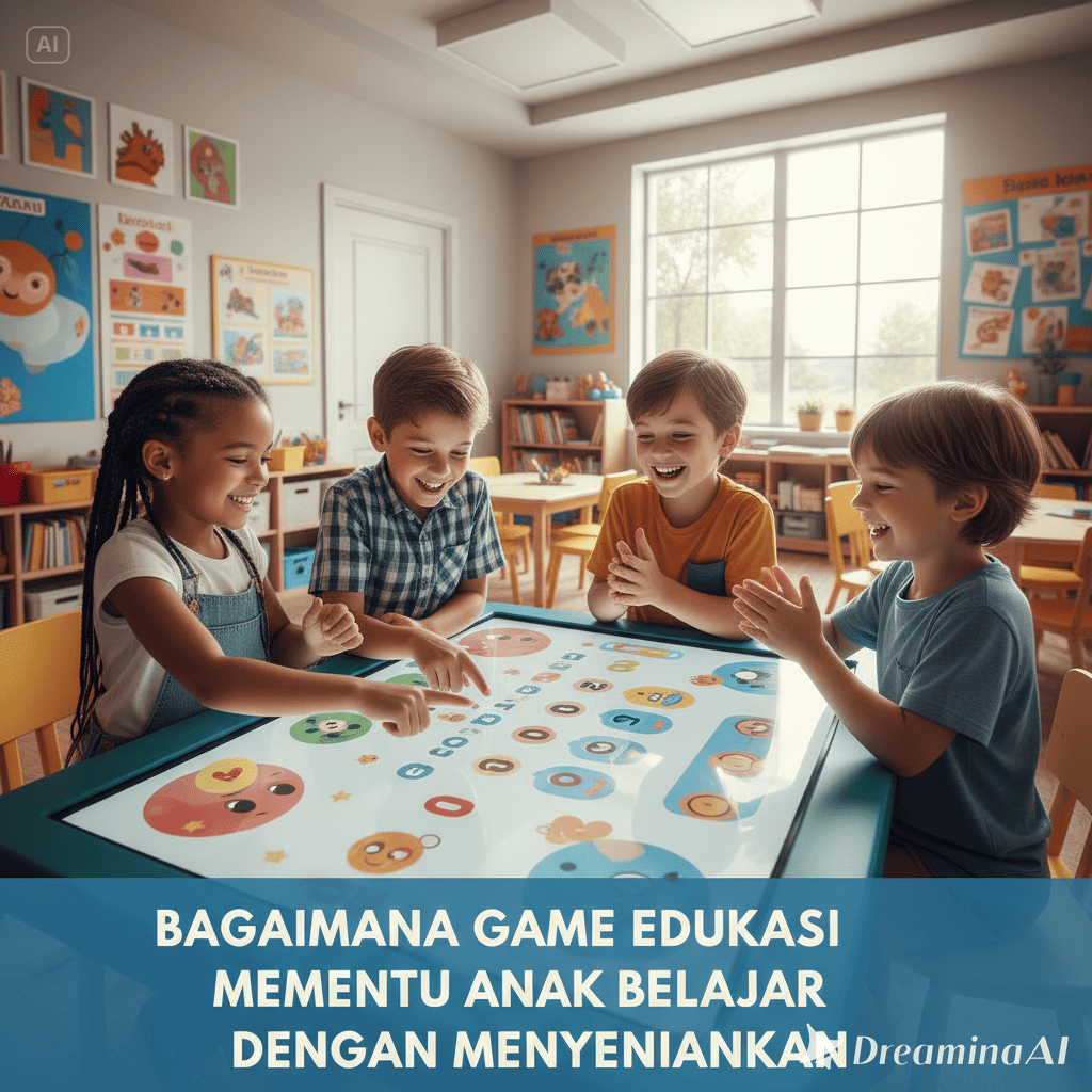 Ilustrasi anak-anak belajar sambil bermain game edukasi di tablet dengan latar penuh warna dan ikon pendidikan.