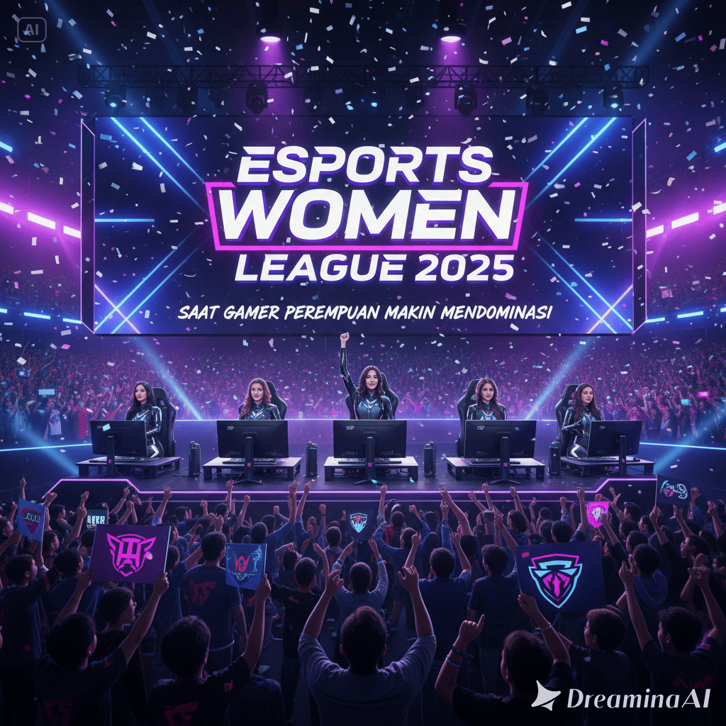 Ilustrasi gamer perempuan profesional bermain di turnamen esports dengan layar besar dan sorotan cahaya arena.