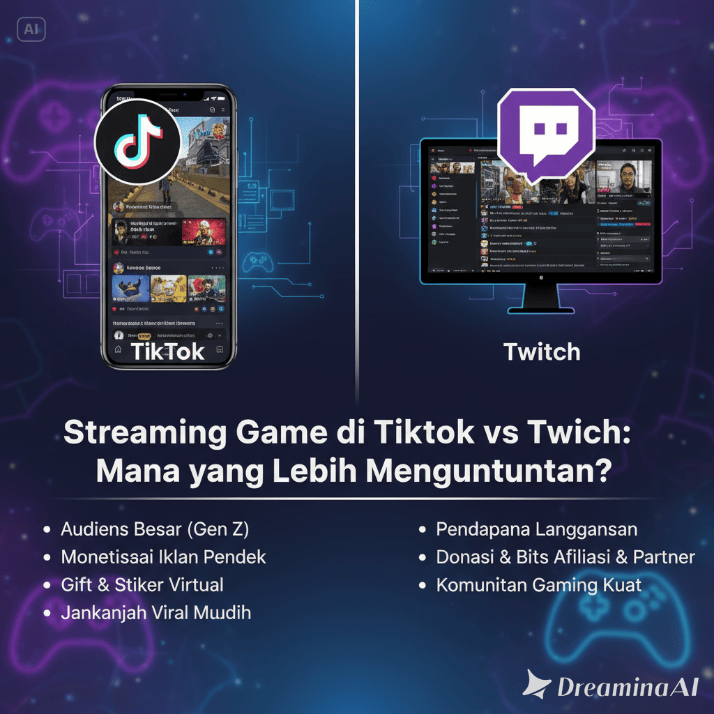 Ilustrasi streamer bermain game di depan kamera dengan dua layar bertuliskan TikTok dan Twitch.