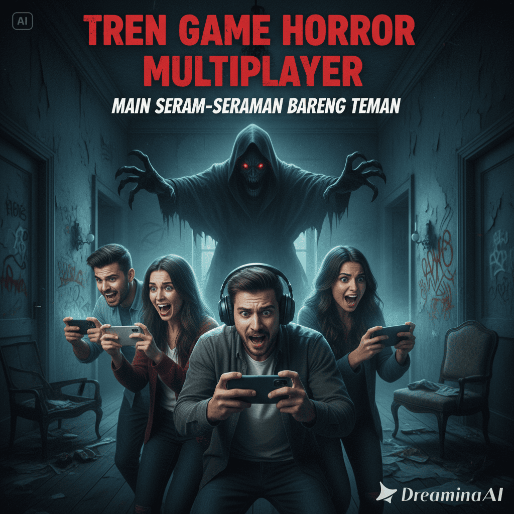 Ilustrasi empat pemain game berteriak bersama di depan layar, dikelilingi bayangan monster digital.