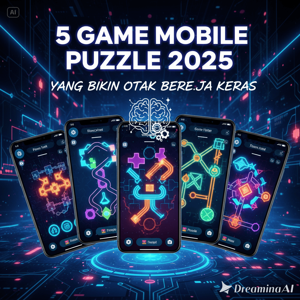 Ilustrasi pemain memegang smartphone dengan tampilan puzzle futuristik dan warna neon.