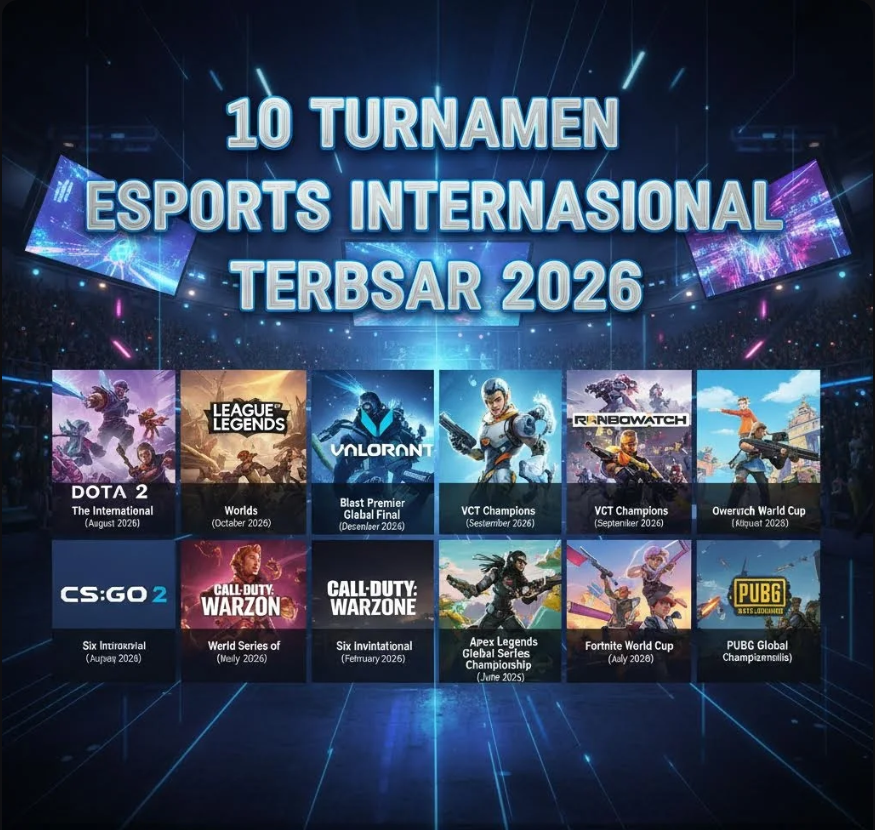 Ilustrasi panggung esports futuristik dengan penonton global dan visual digital interaktif.