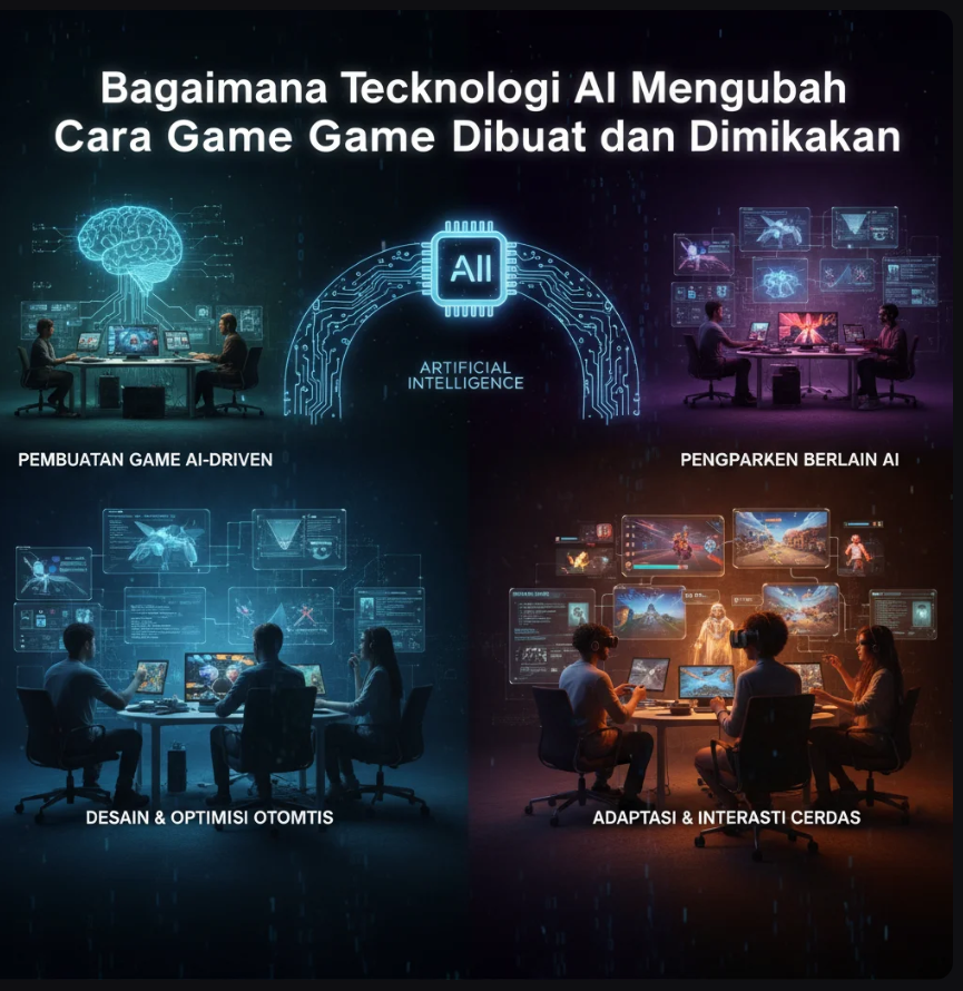 Seorang developer menggunakan AI untuk merancang dunia virtual dengan karakter dan lingkungan dinamis di layar komputer.